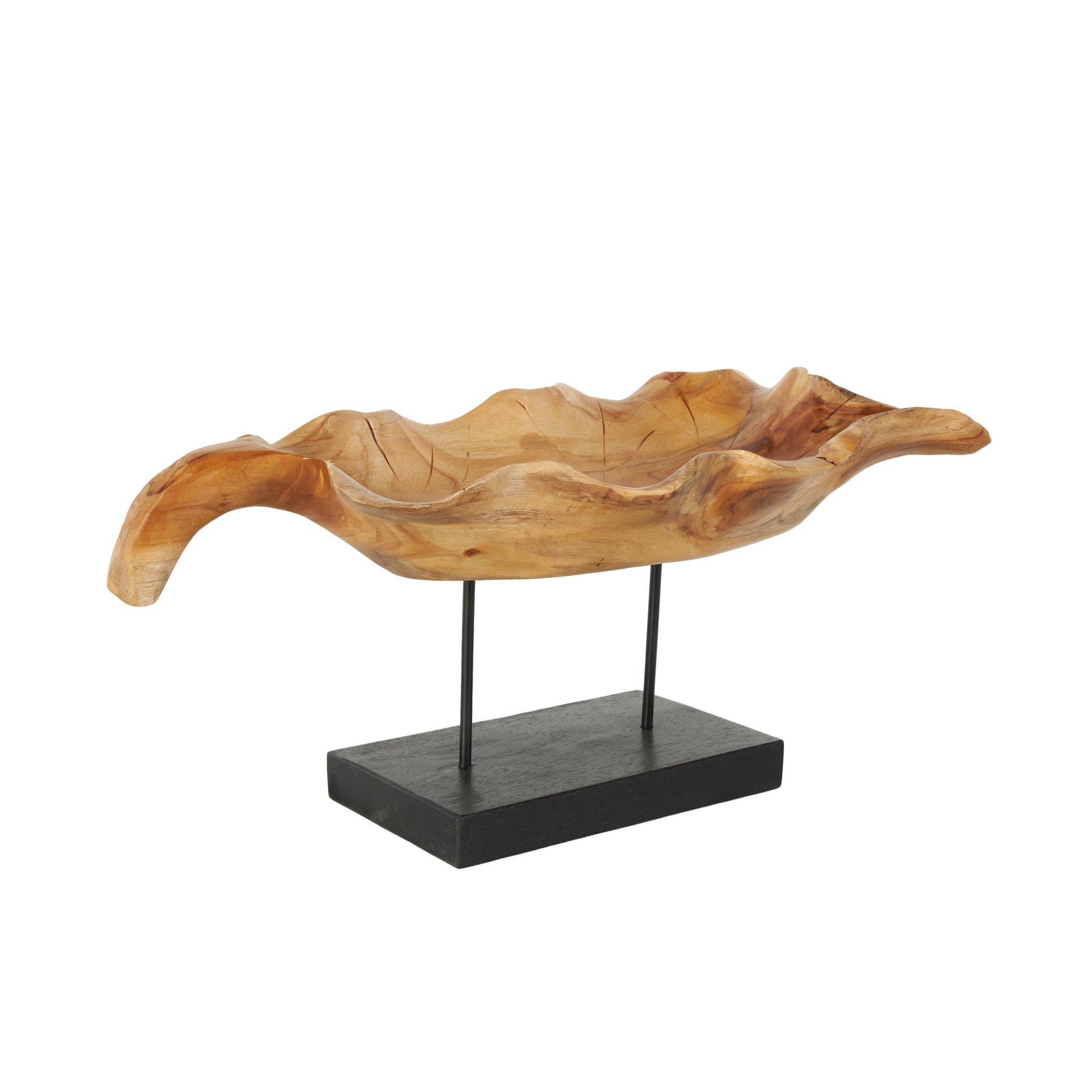 Leaf Brown Teak Wood Floating Decorative Sculpture with Black Stand and Base