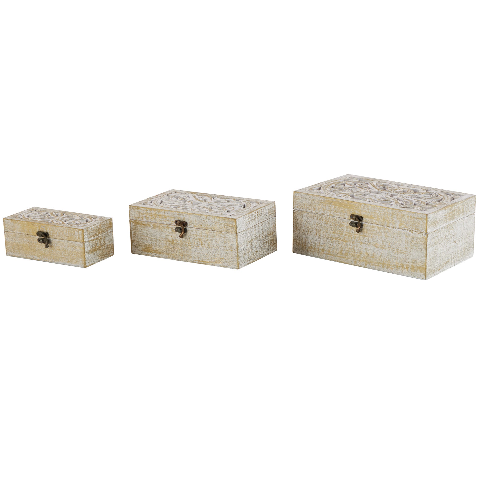 Set of 3 Floral White Mango Wood Handmade Decorative Box with Hinged Lid