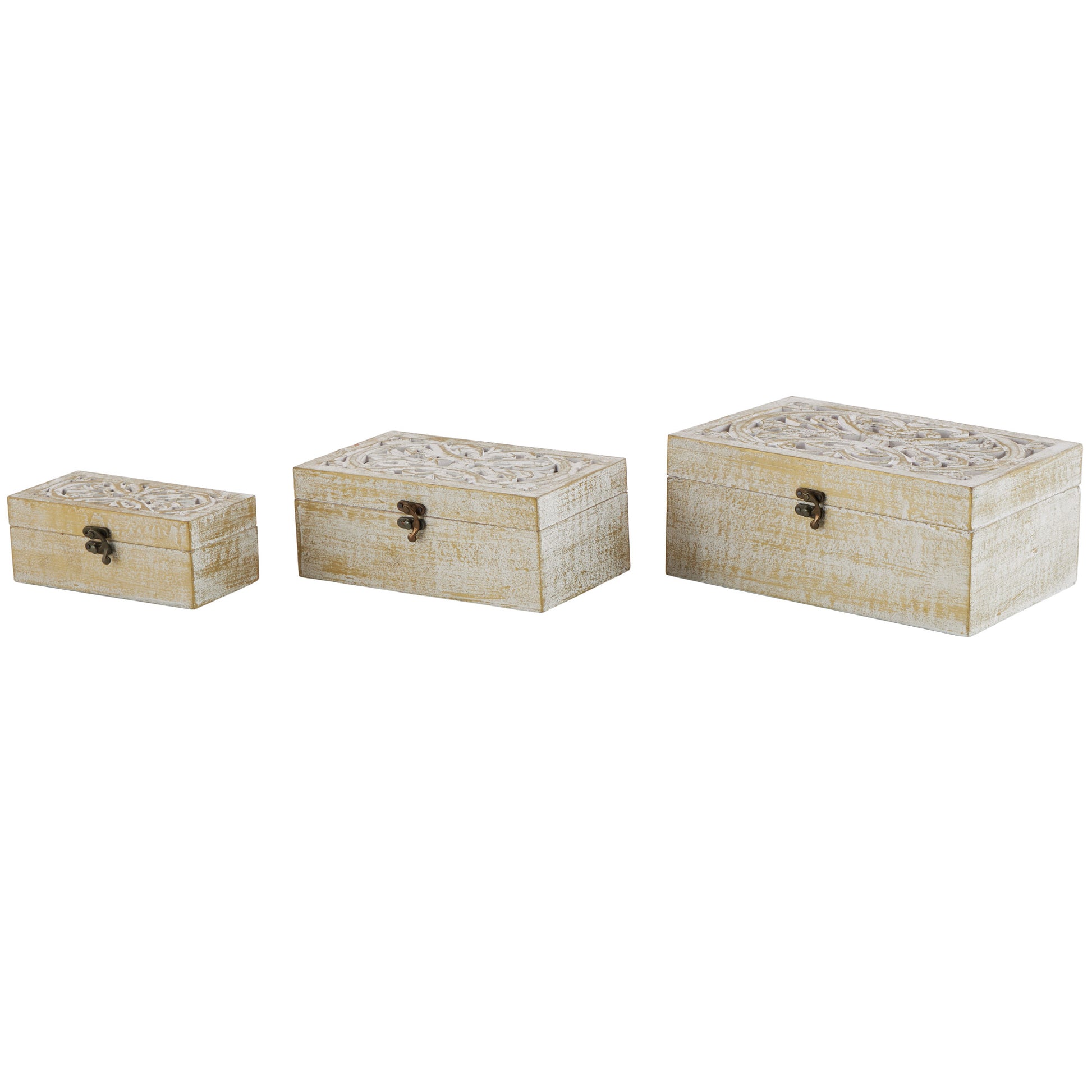 Set of 3 Floral White Mango Wood Handmade Decorative Box with Hinged Lid