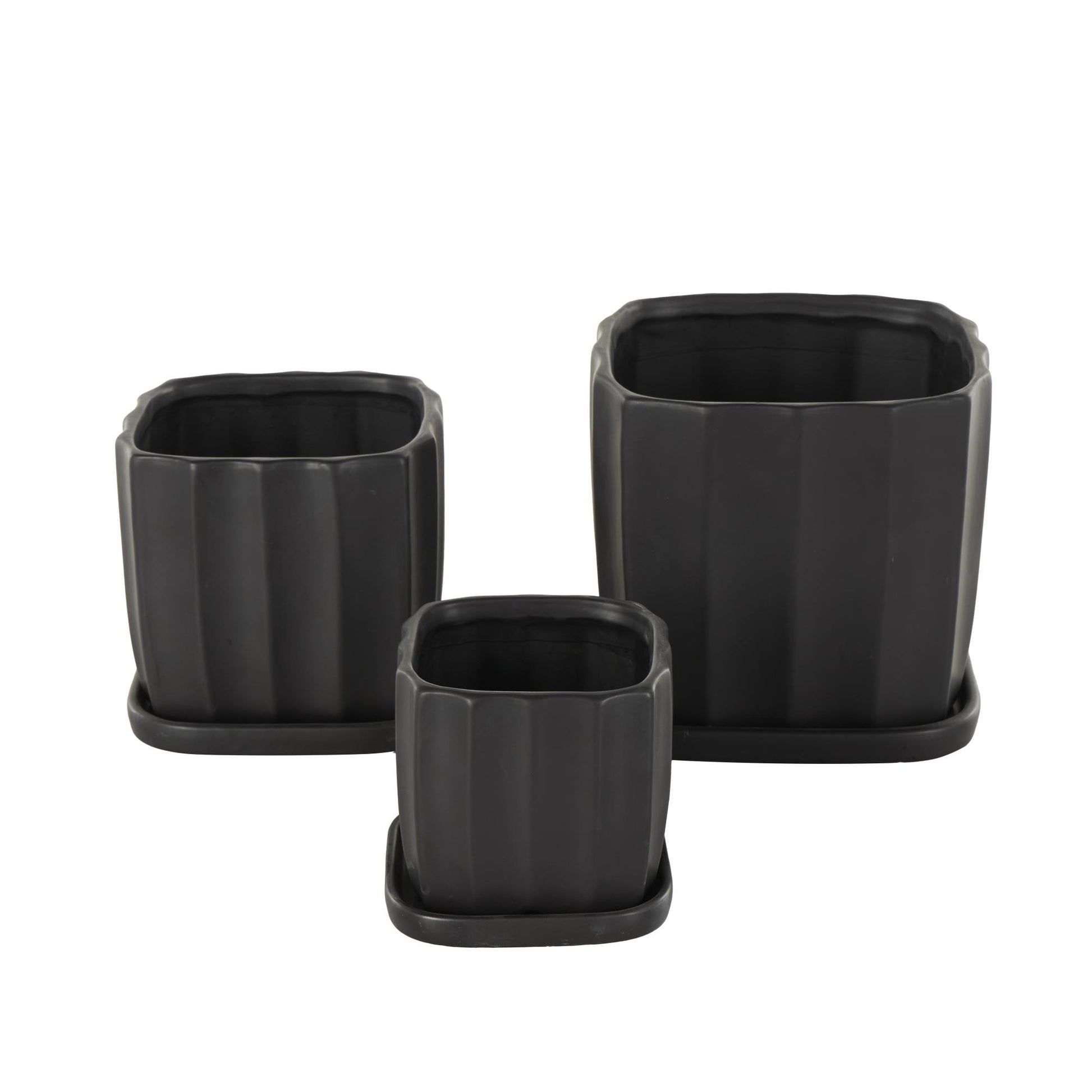 Set of 3 Ceramic Ribbed Indoor Outdoor Planter with Attached Saucer Set of 3 7", 6", 5"H