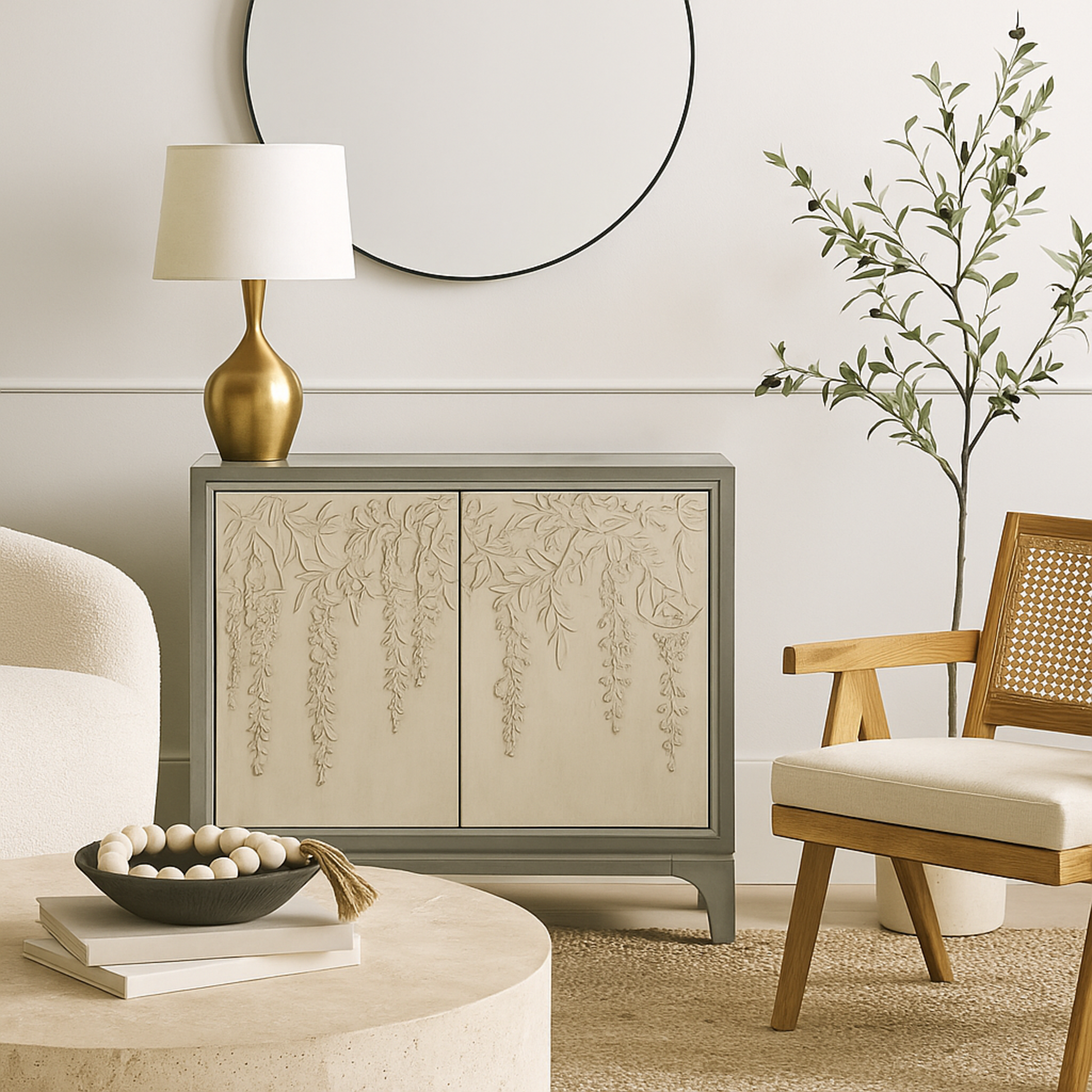 Floral Gray Wooden Relief 2 Door Room Cabinet with Cream Front Doors and Cascading Leaf Design