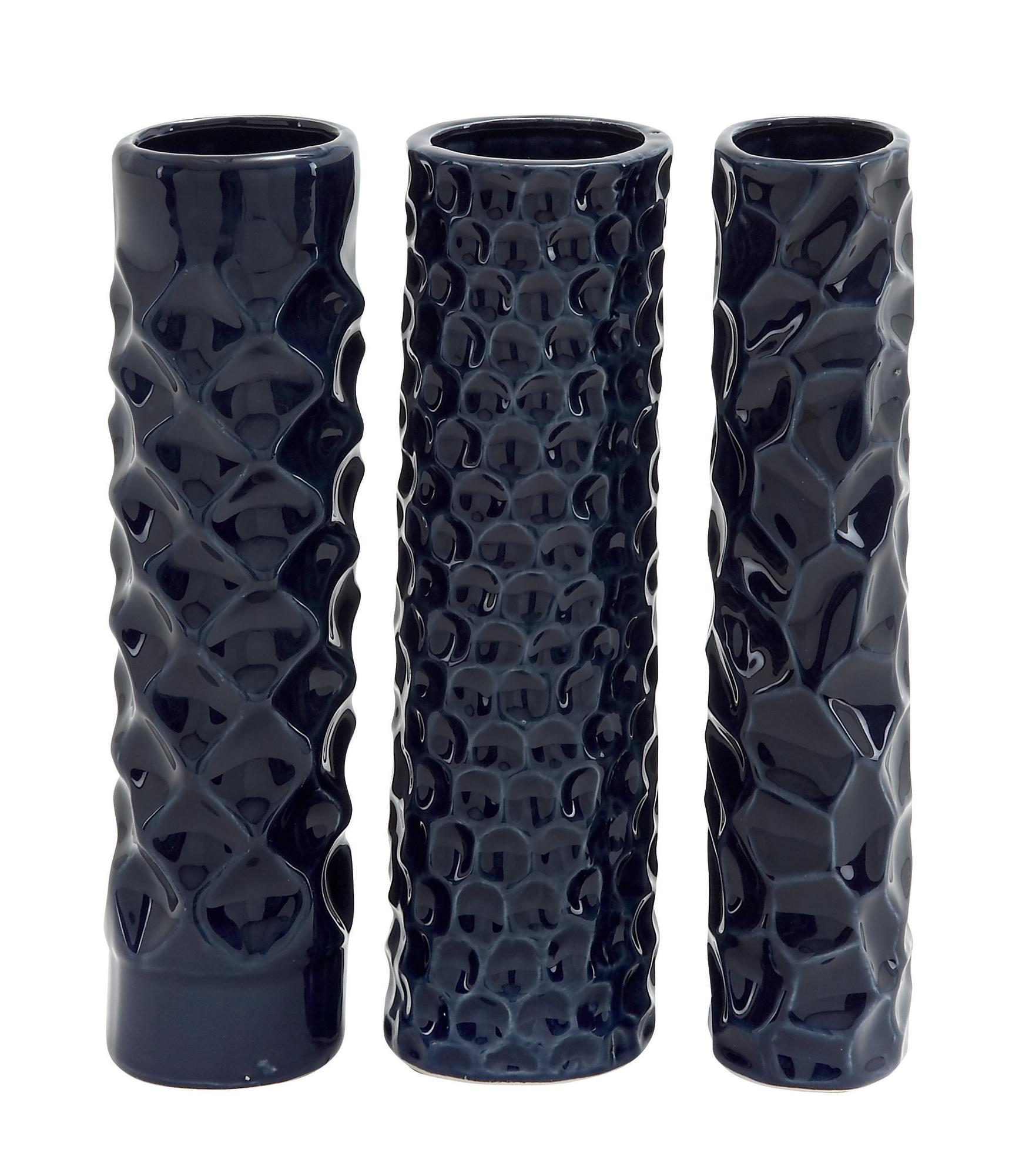 Set of 3 Dark Blue Ceramic Decorative Vase with Varying Patterns