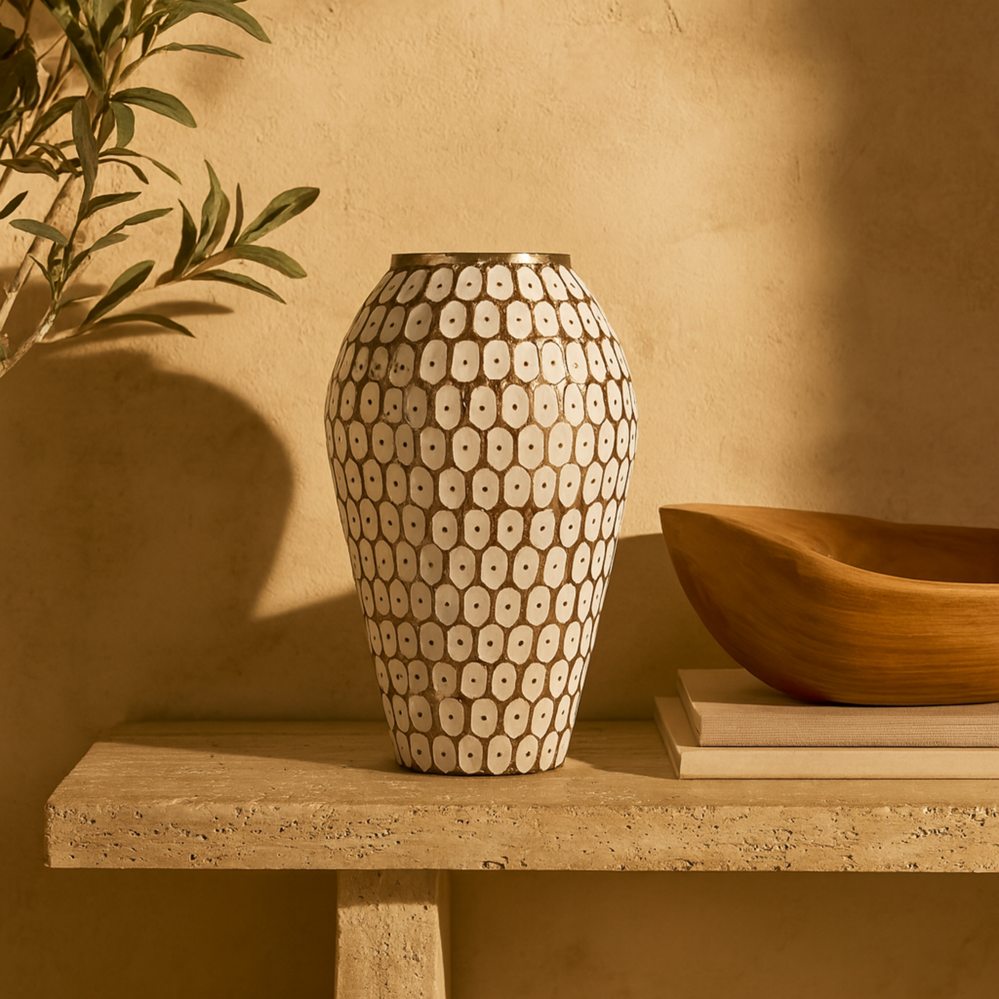 Geometric Gold Metal Geometric Dot Decorative Vase with White Accents