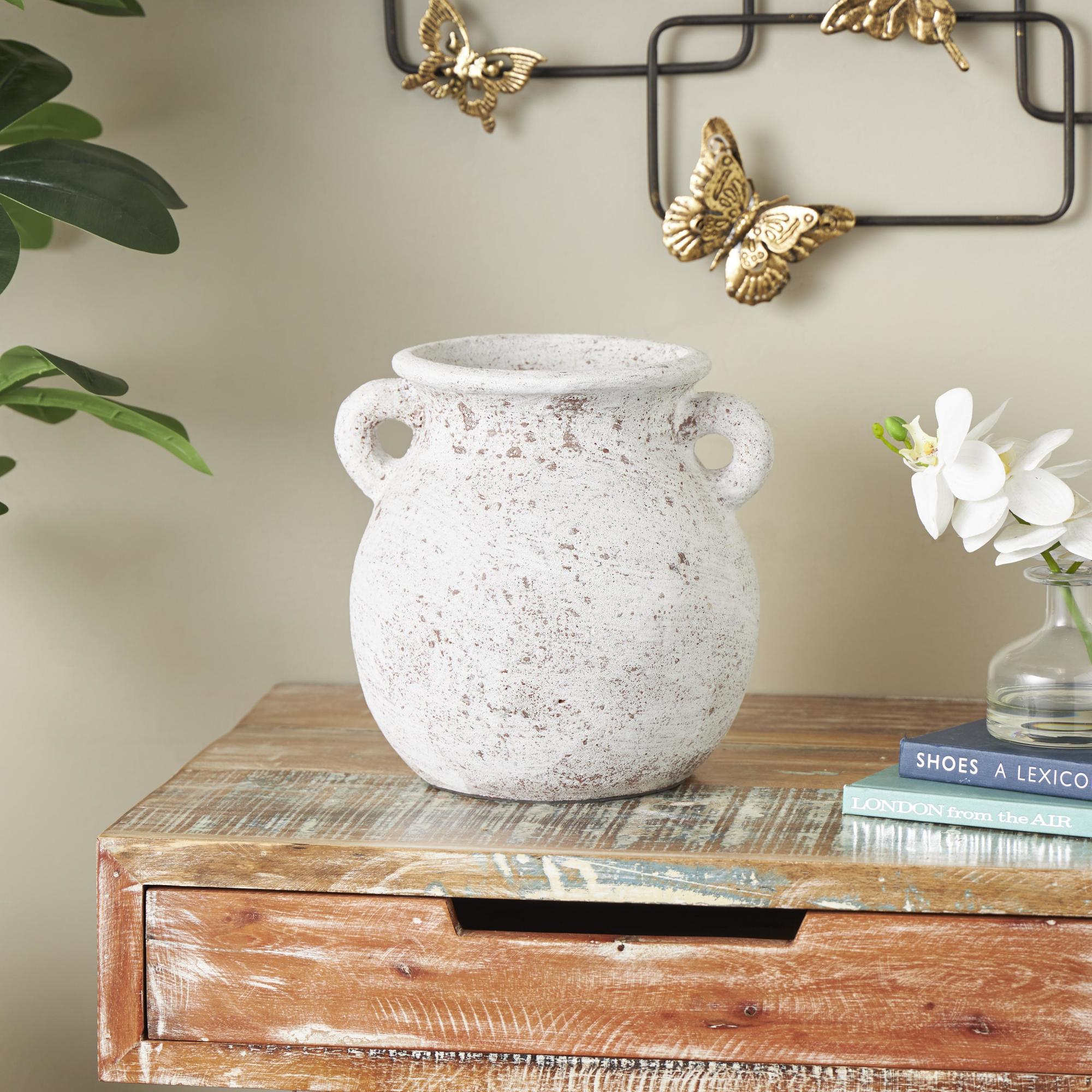 Cream Ceramic Antique Style Textured Pot Decorative Vase with Handles