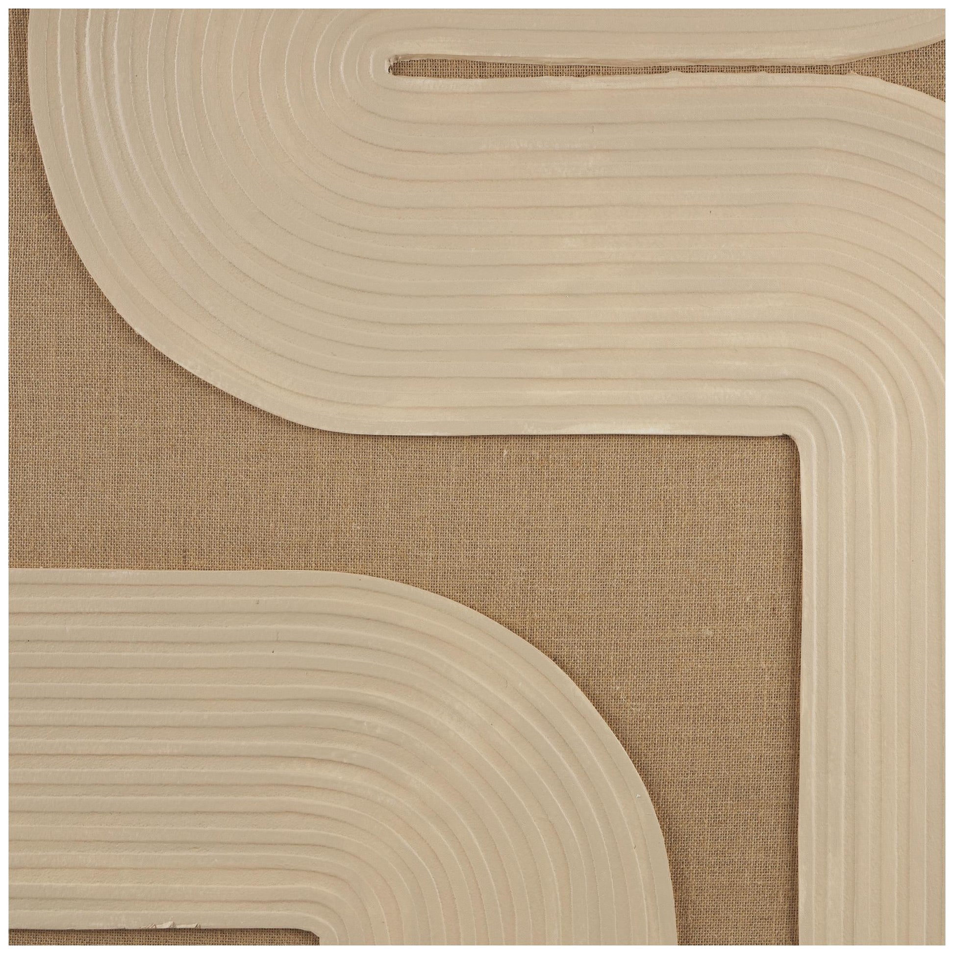Abstract Brown Canvas Textured Living Room Framed Wall Art with Tan Ribbed Curve Shapes