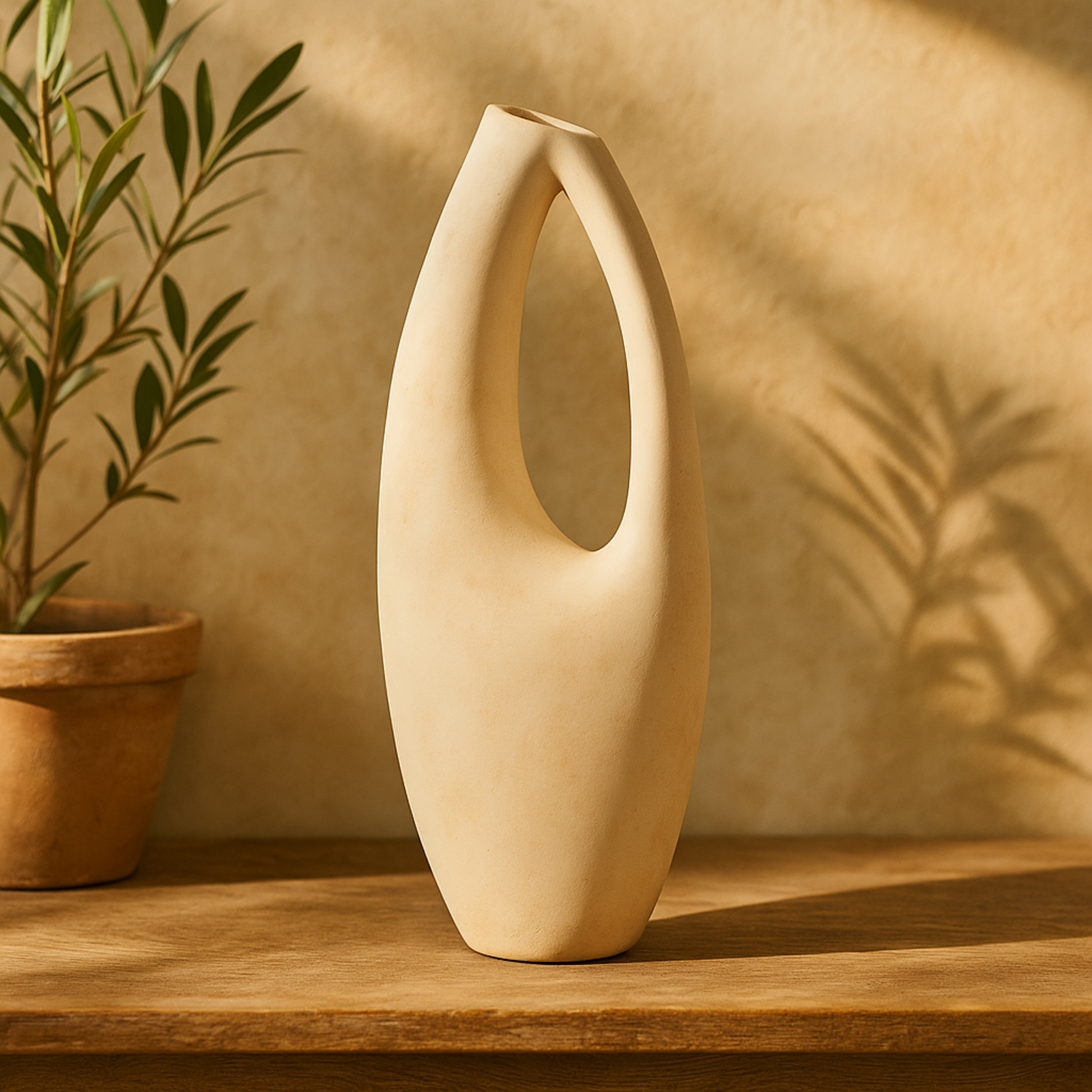 Abstract Beige Paper Mache Curved Decorative Vase with Handle