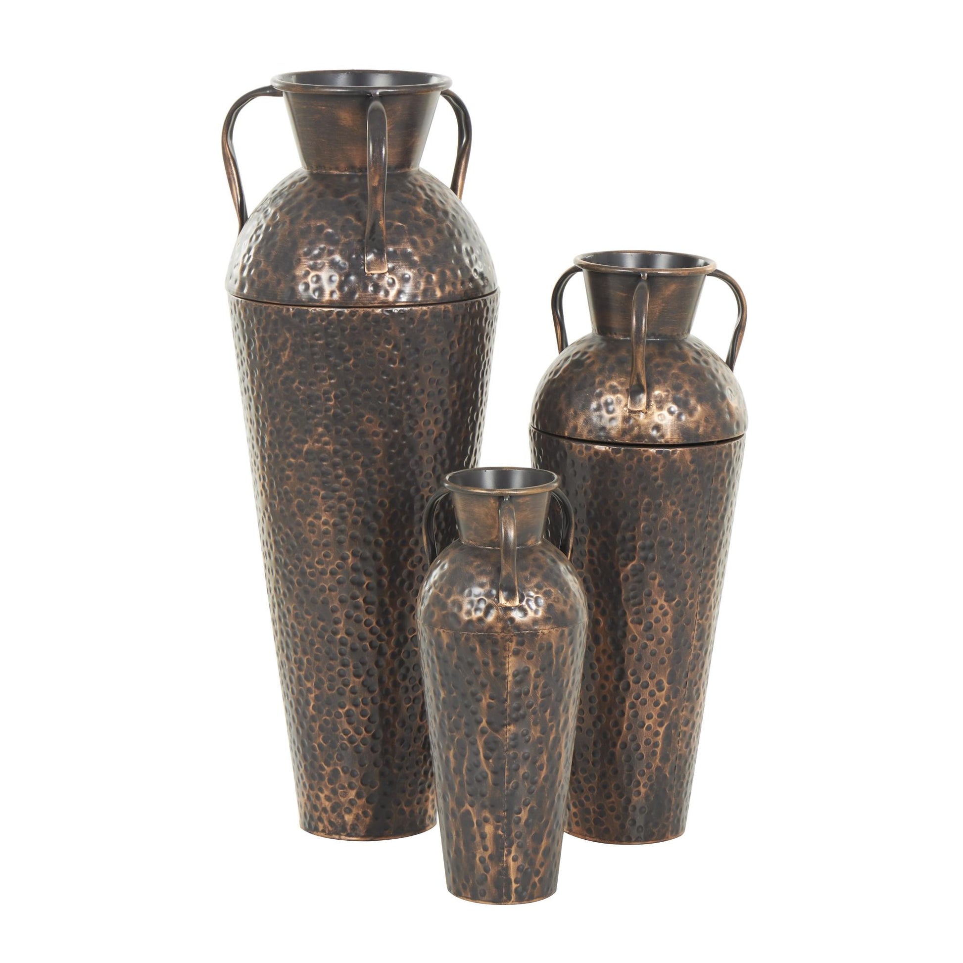 Set of 3 Copper Metal Tall Floor Weathered Amphora Decorative Vase with Hammered Details and Handles