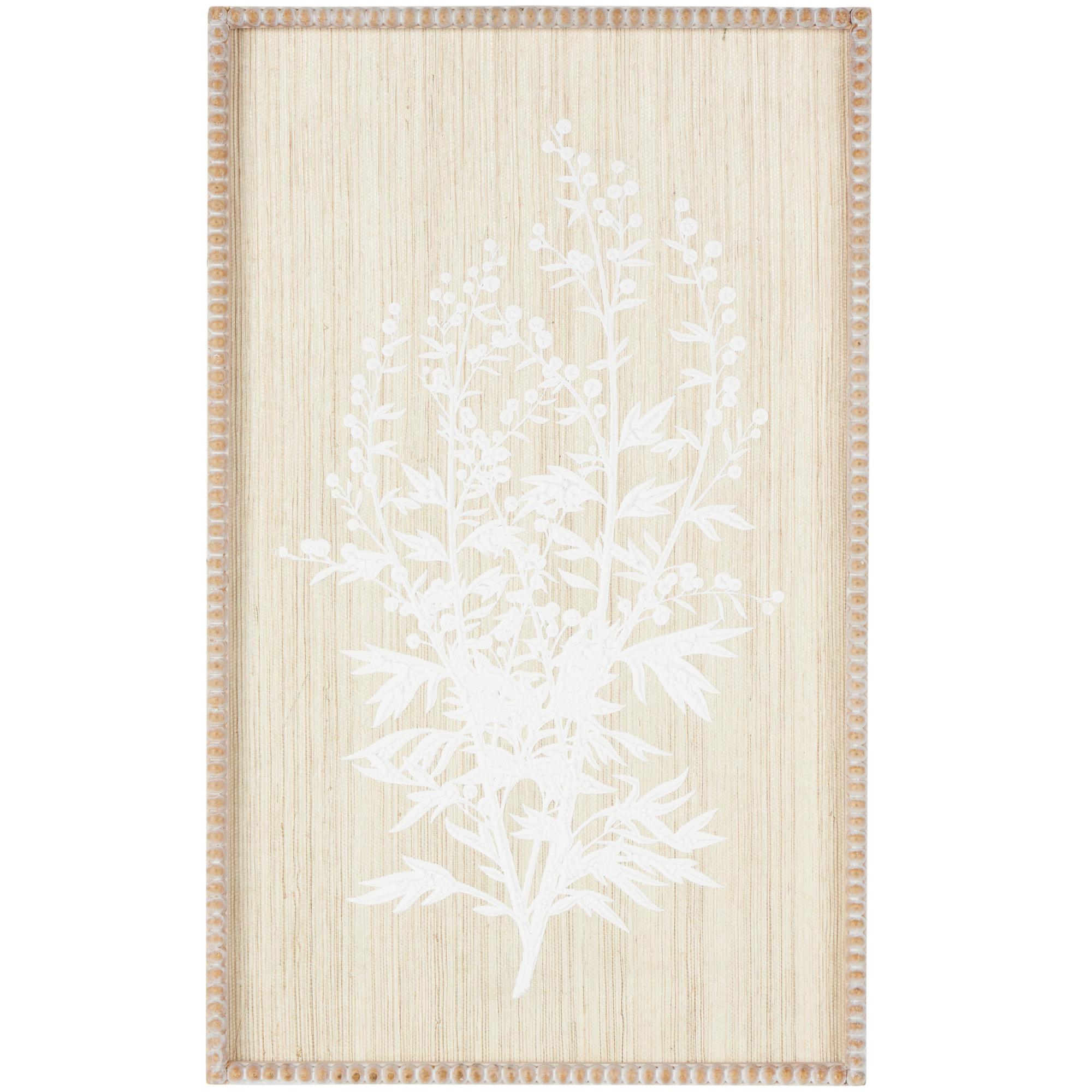 Floral Cream Wood Textured Living Room Framed Wall Art with White Painted Accents and Beaded Frame