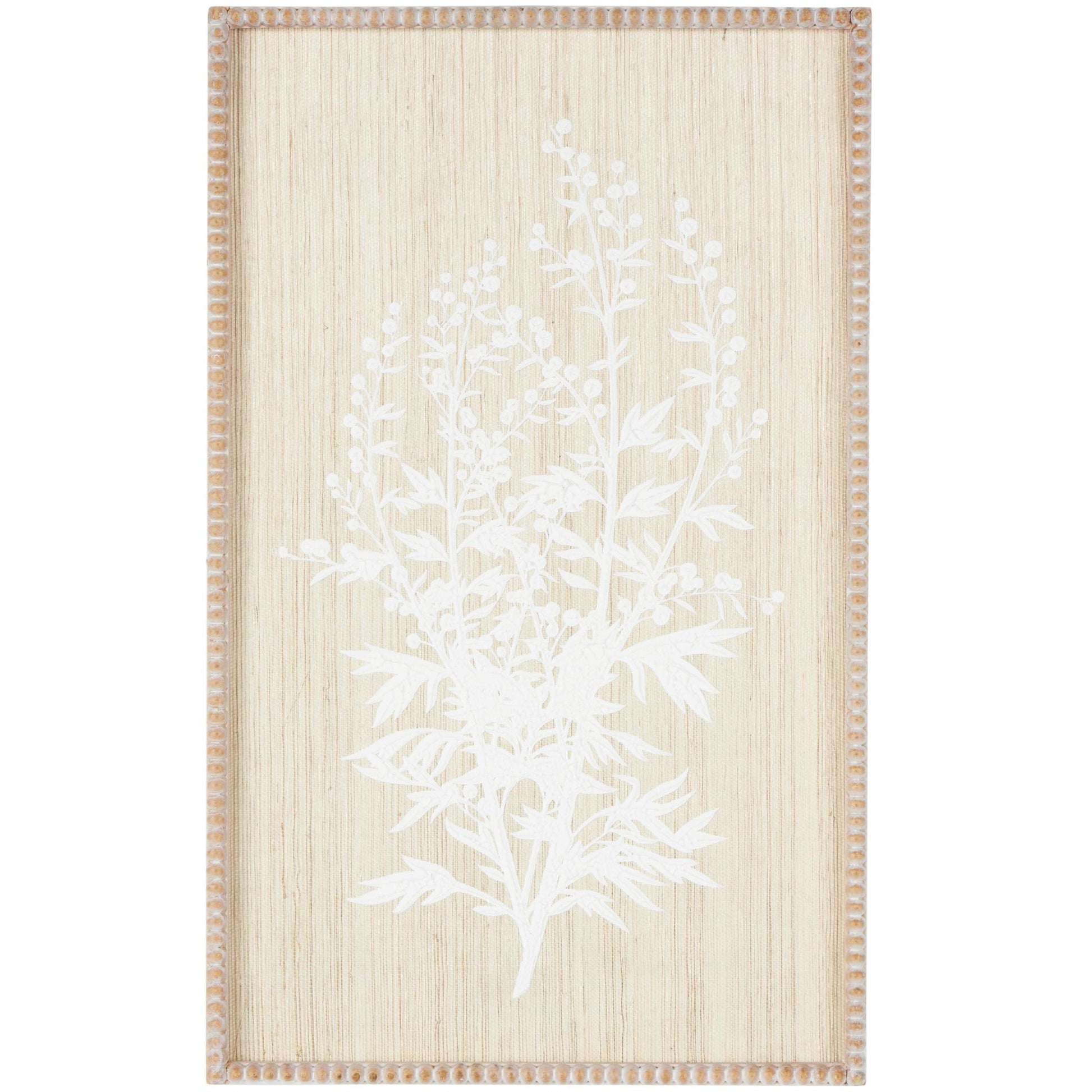 Floral Cream Wood Textured Living Room Framed Wall Art with White Painted Accents and Beaded Frame