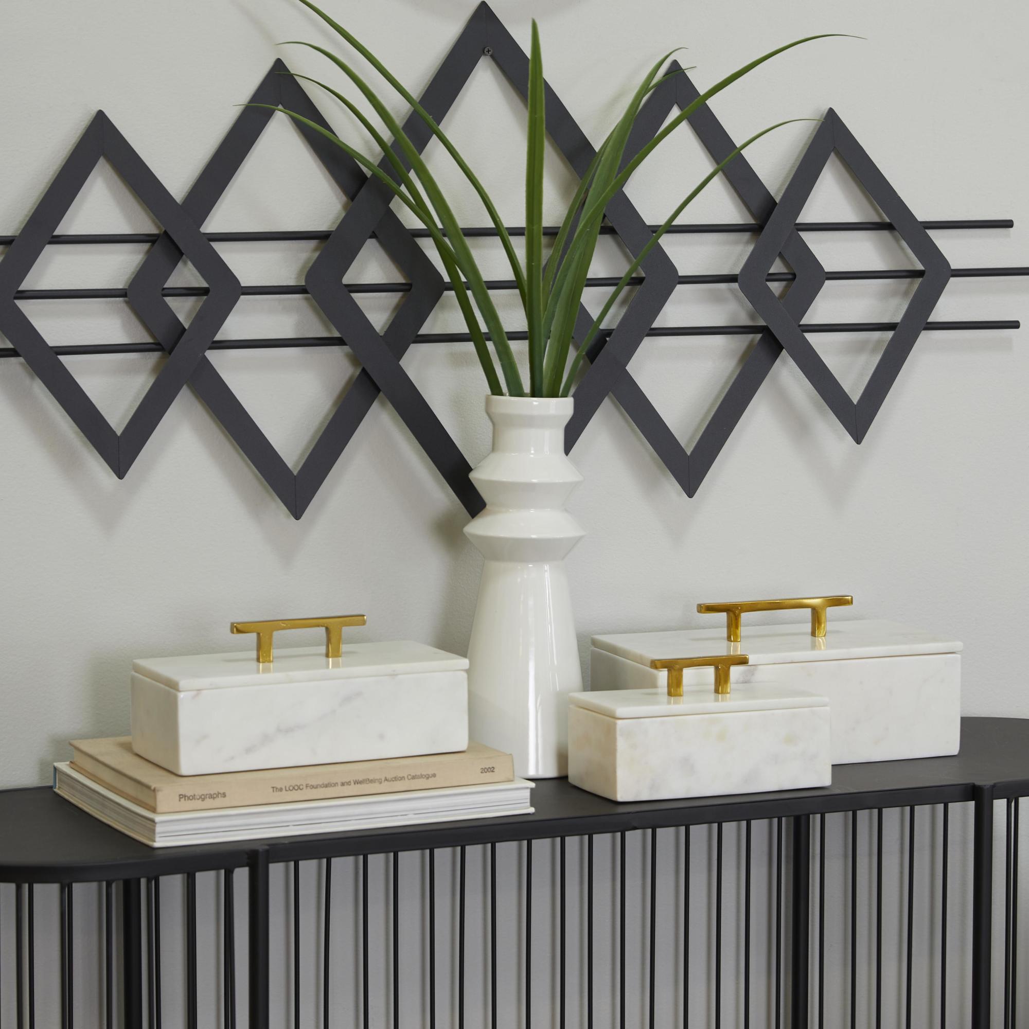 Set of 3 Marble Decorative Box with Aluminum Bar Handles Set of 3 12", 10", 8"W