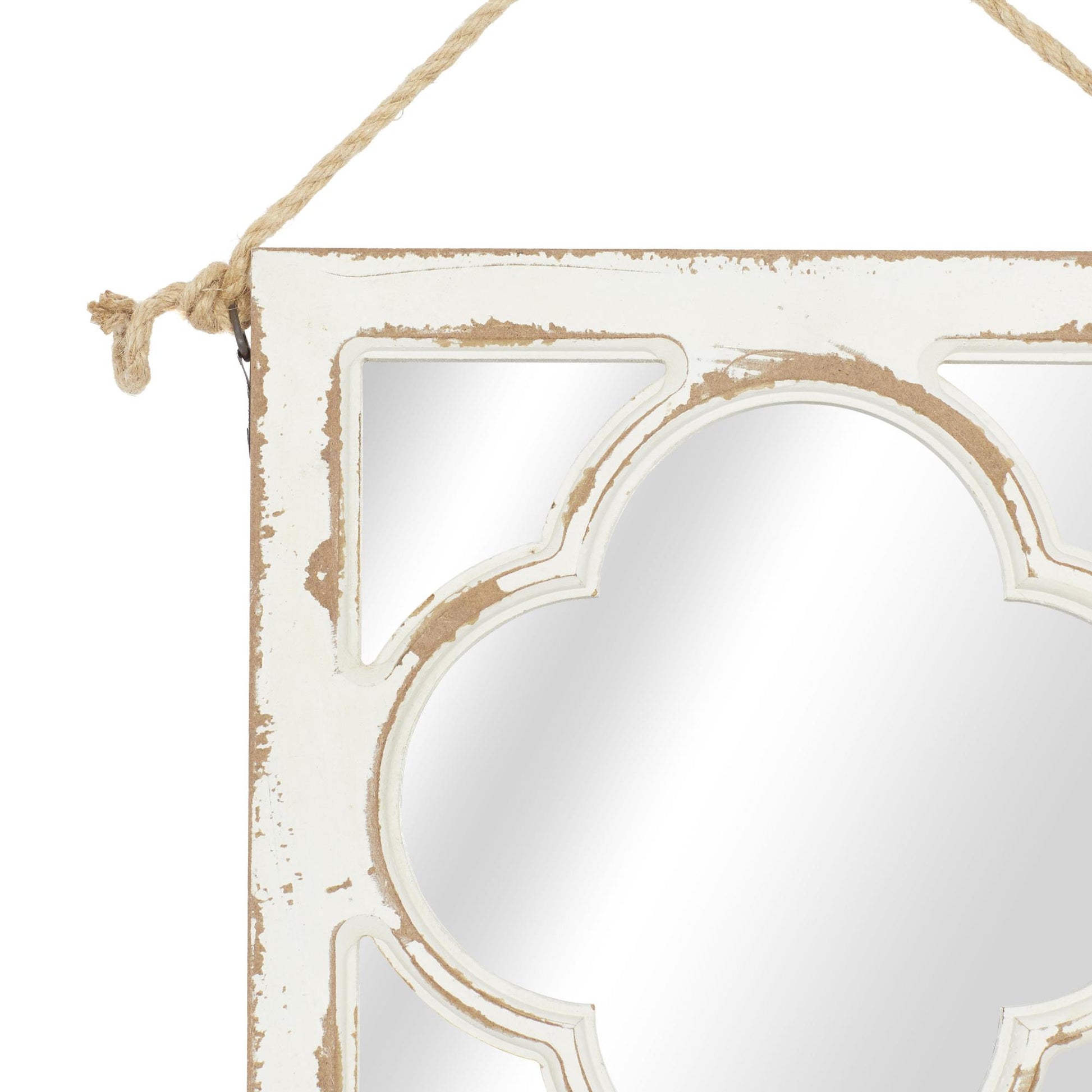 Set of 4 Geometric White Wood Distressed Small Square Room Wall Mirror with Jute Hanging Rope