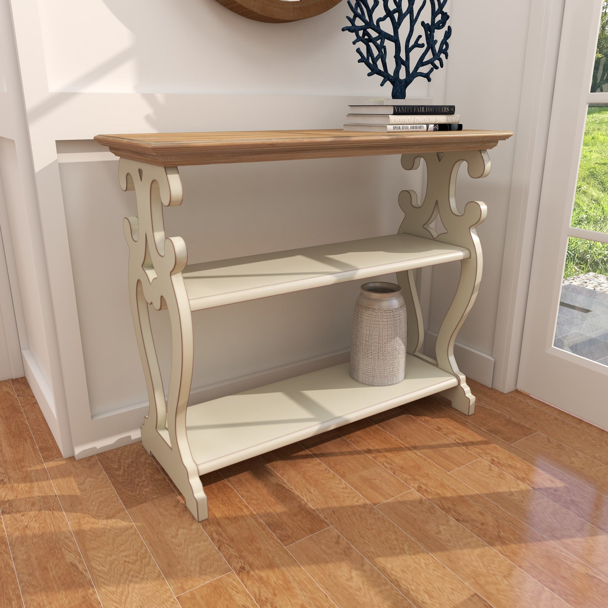 Scroll Wood 2 Shelf Living Room Console Table with Brown Wood Top 38" x 15" x 32"