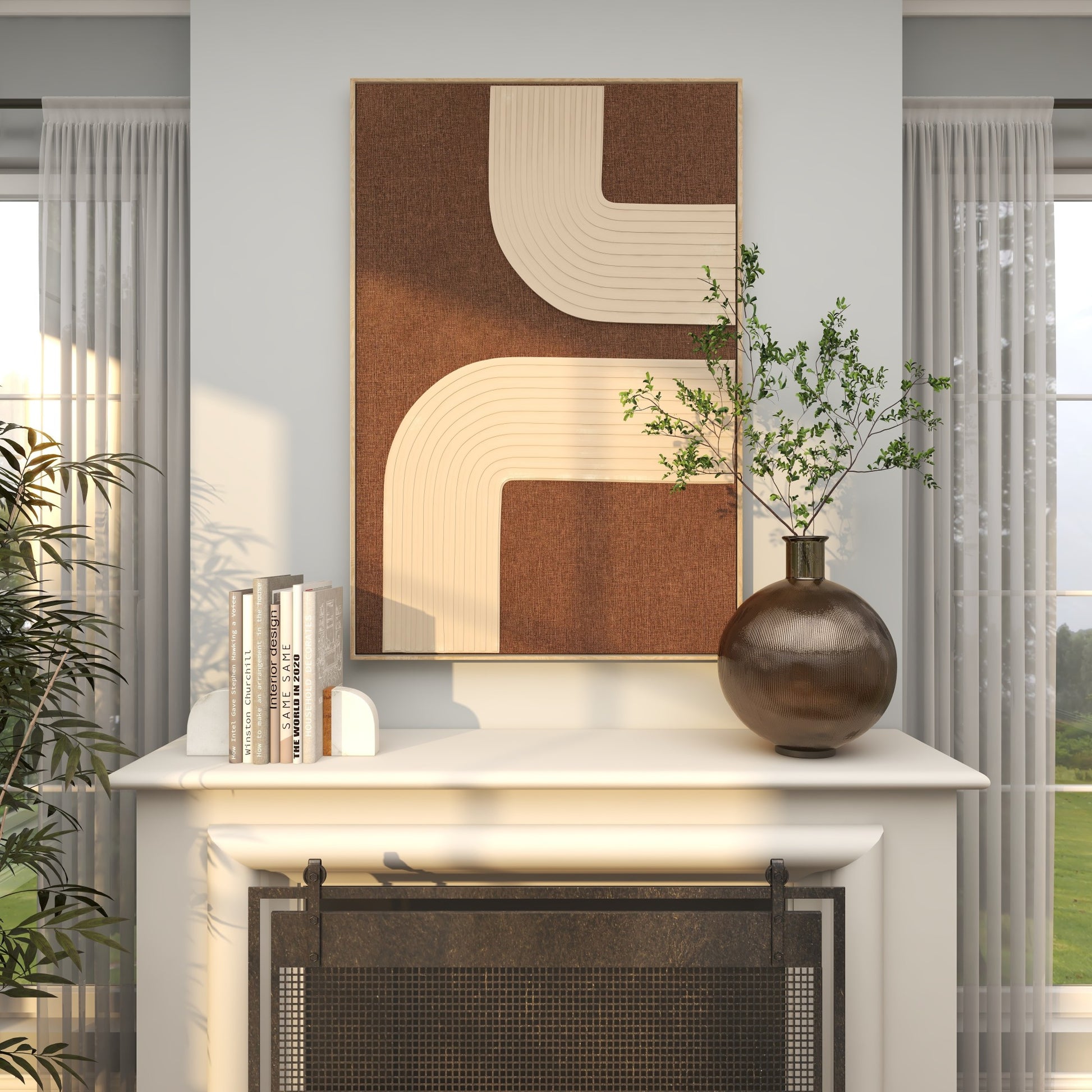Abstract Brown Polyester Living Room Framed Wall Art with Tan Ribbed Arches