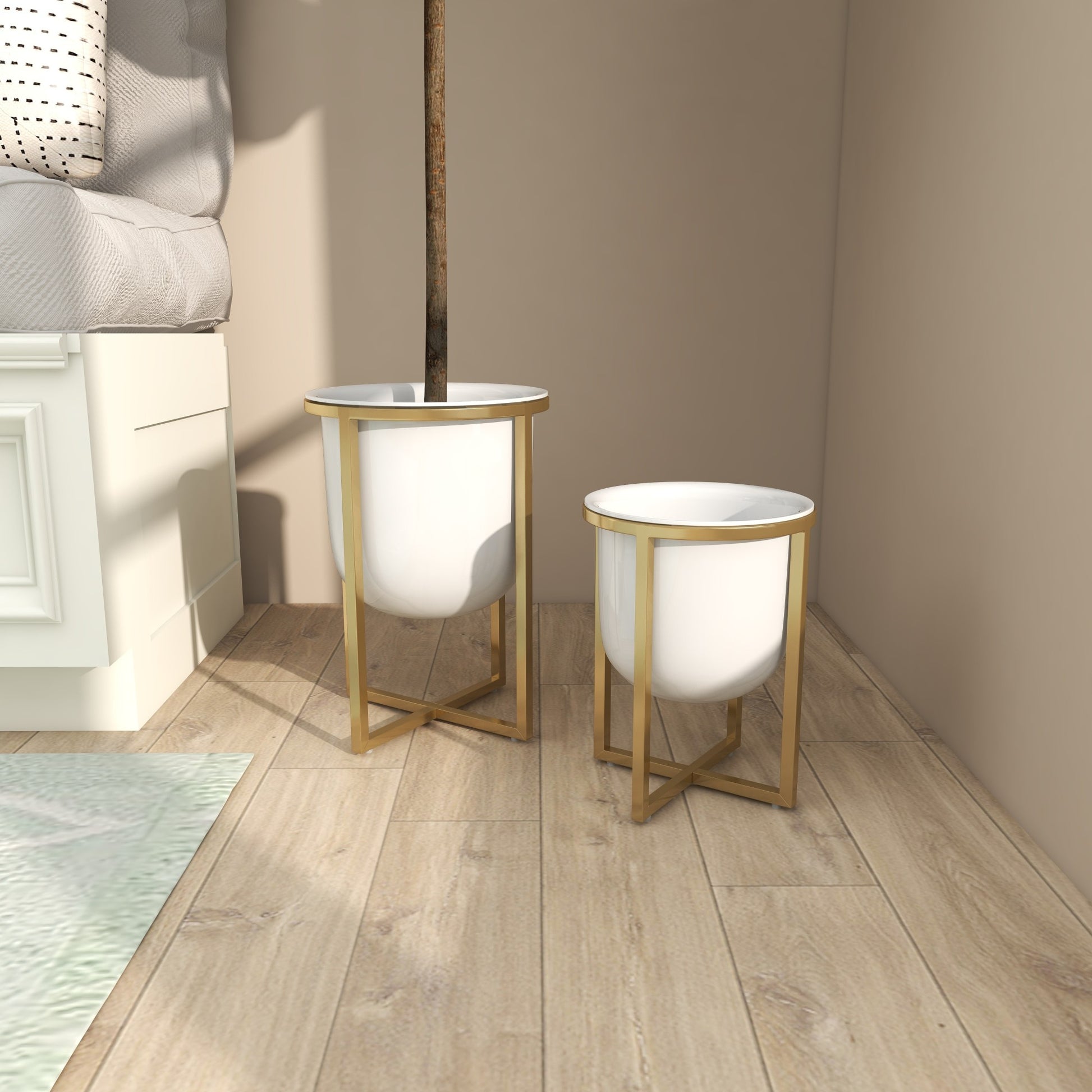 CosmoLiving by Cosmopolitan Set of 2 White Metal Dome Indoor Outdoor Planter with Gold X-Shaped Stands