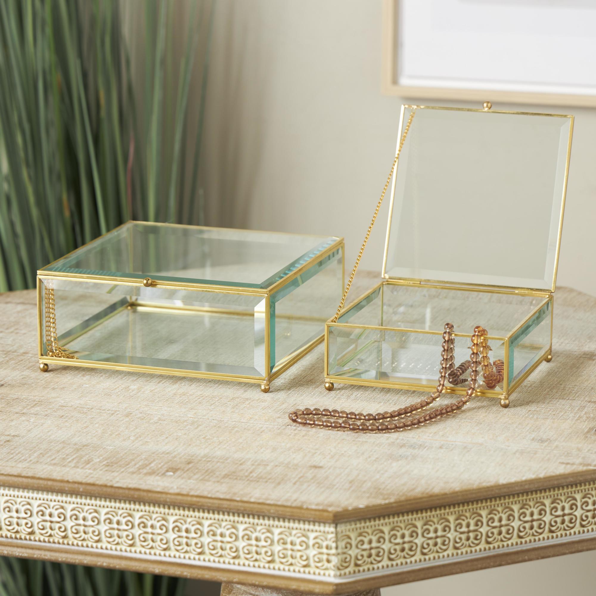 Set of 2 Clear Glass Beveled Decorative Jewelry Box with Gold Metal Frame and Chain Accent