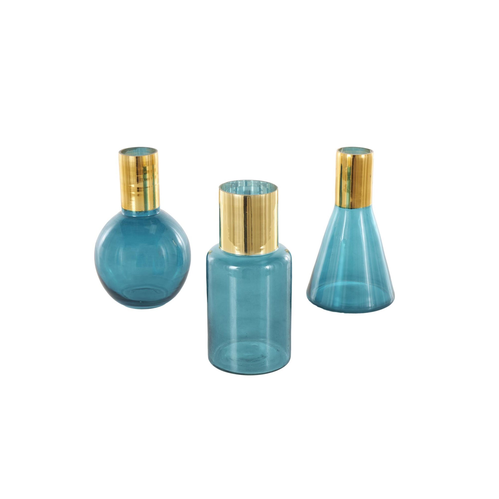 Set of 3 Geometric Glass Tinted Decorative Vase with Gold Rim and Varying Shapes
