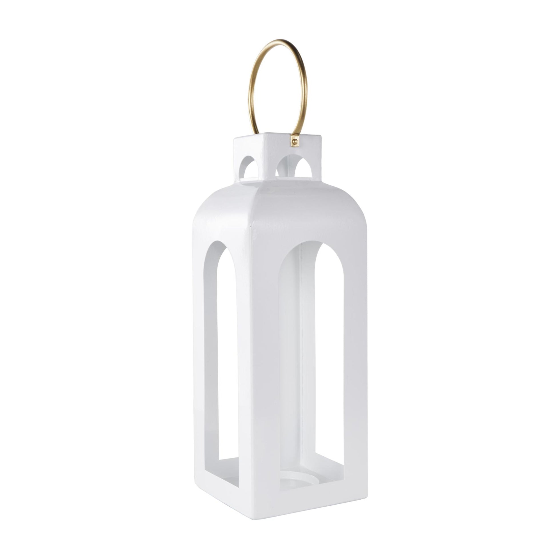 White Metal Tall Arched Cutout Indoor Outdoor Candle Lantern with Gold Handle