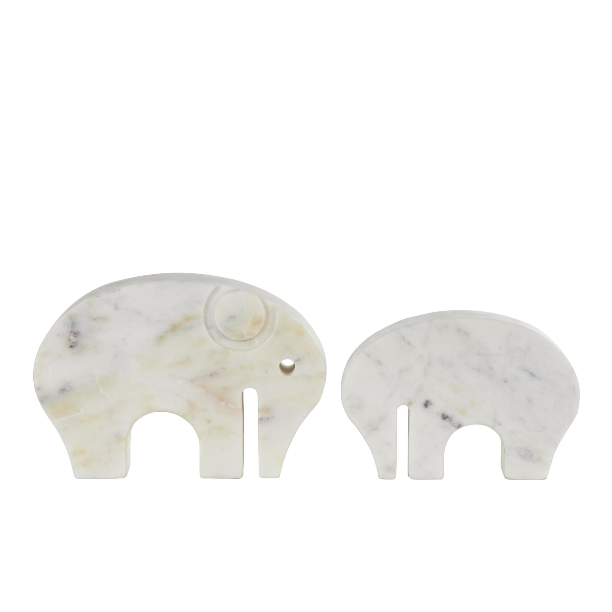 Set of 2 Elephant White Marble Rounded Abstract Decorative Sculpture with Gray Marble Veins and Cutouts