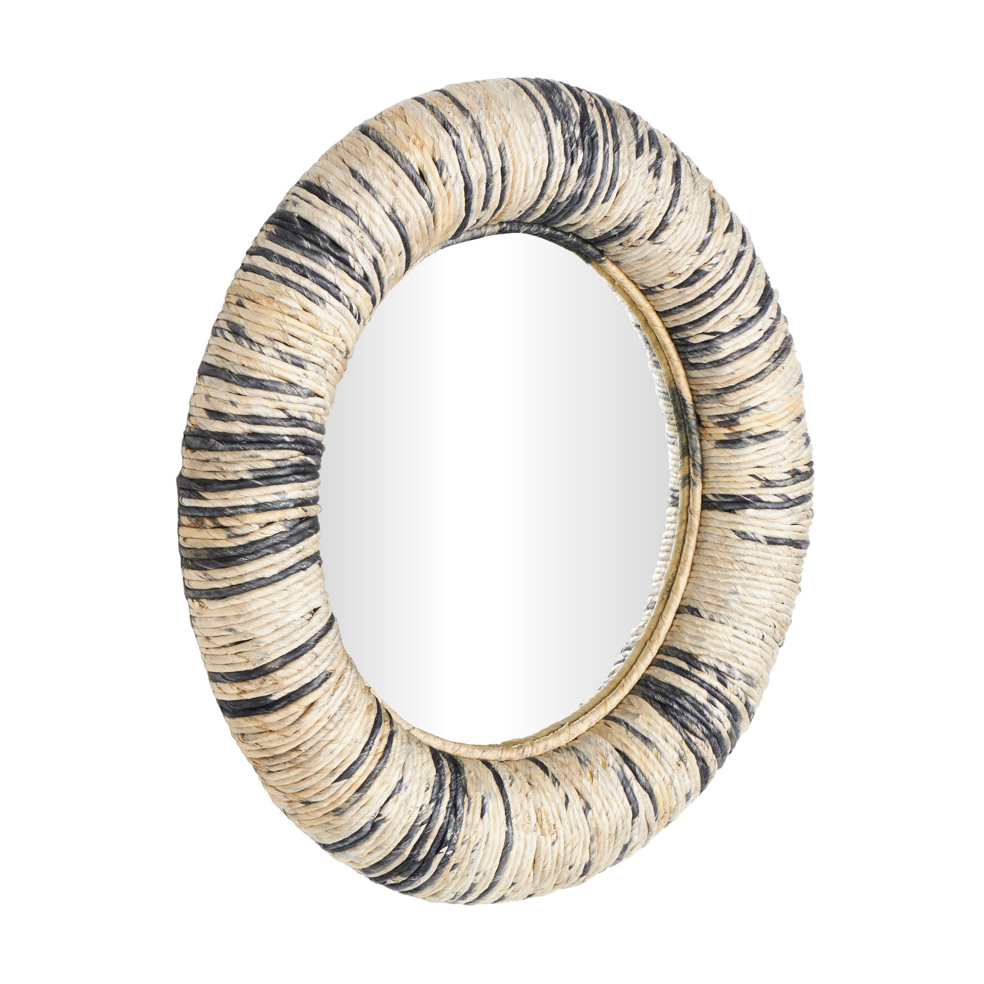Beige Banana Leaf Room Wall Mirror with Coiled Frame and Blue Accents