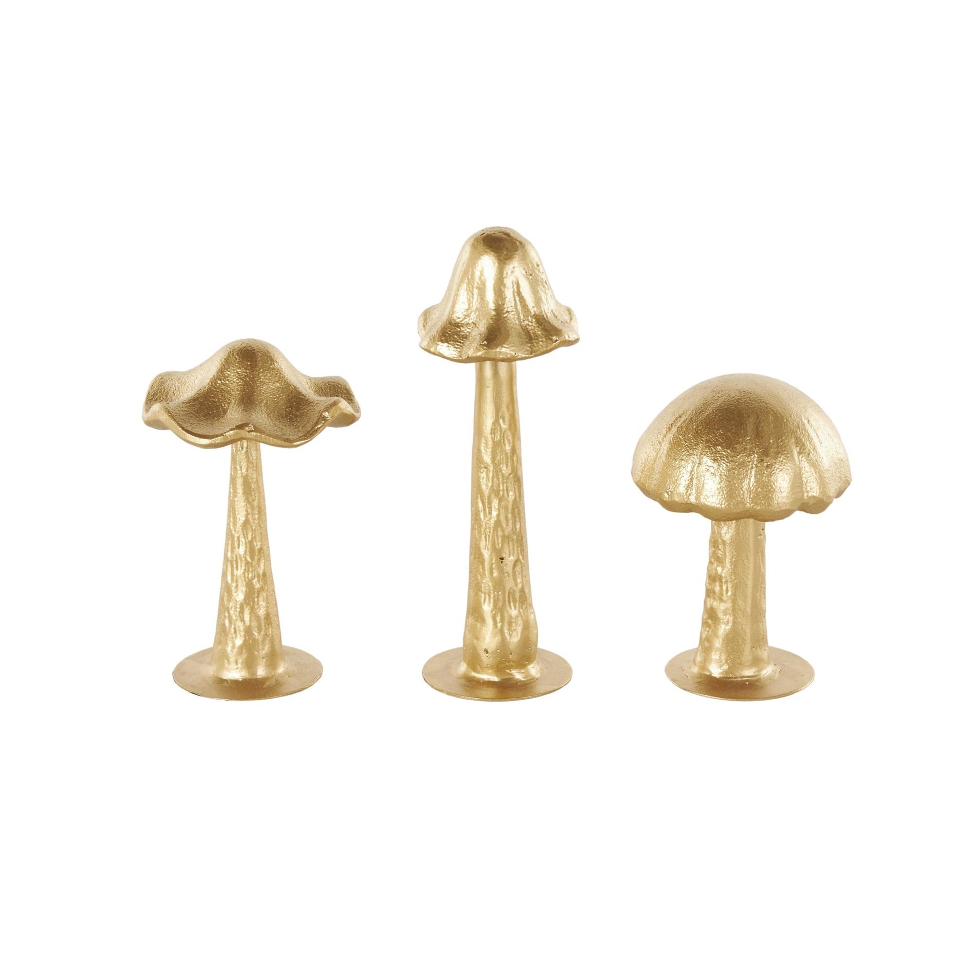 Set of 3 Mushroom Gold Metal Metallic Decorative Sculpture with Round Base