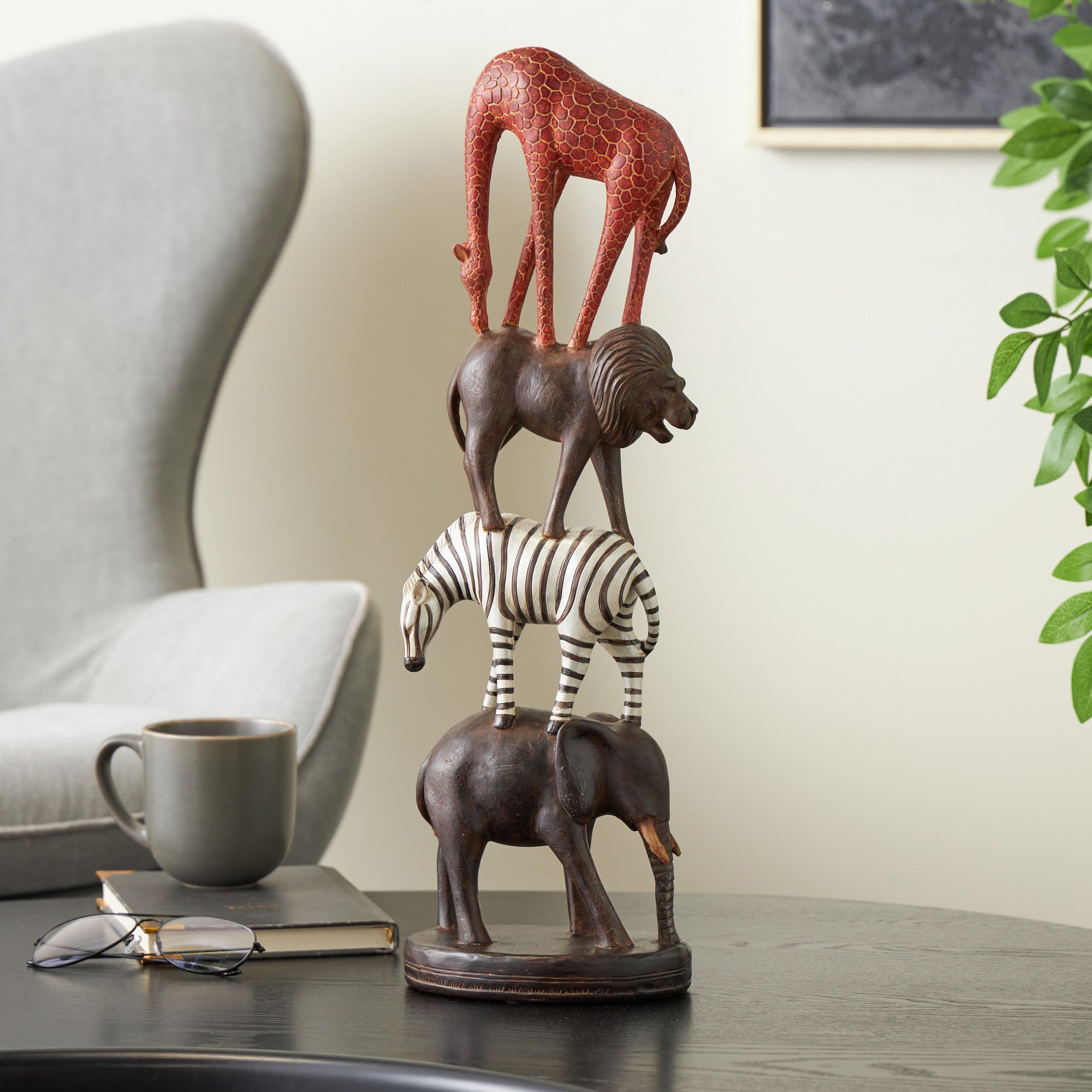 Safari Animals Black Polystone Stacked Decorative Sculpture with Round Base