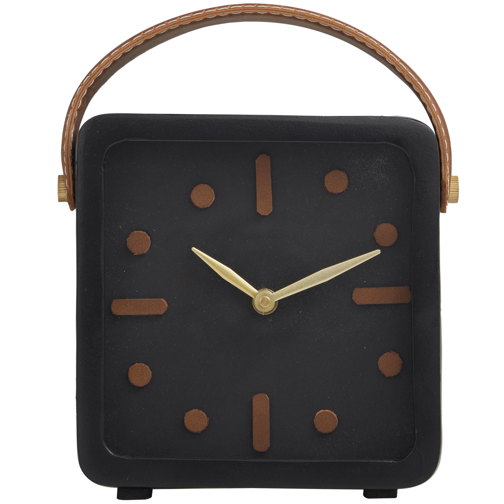Black Metal Small Decorative Clock with Leather Handle and Hour Markers