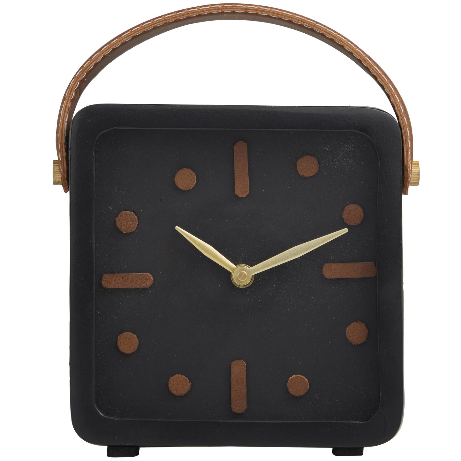 Black Metal Small Decorative Clock with Leather Handle and Hour Markers