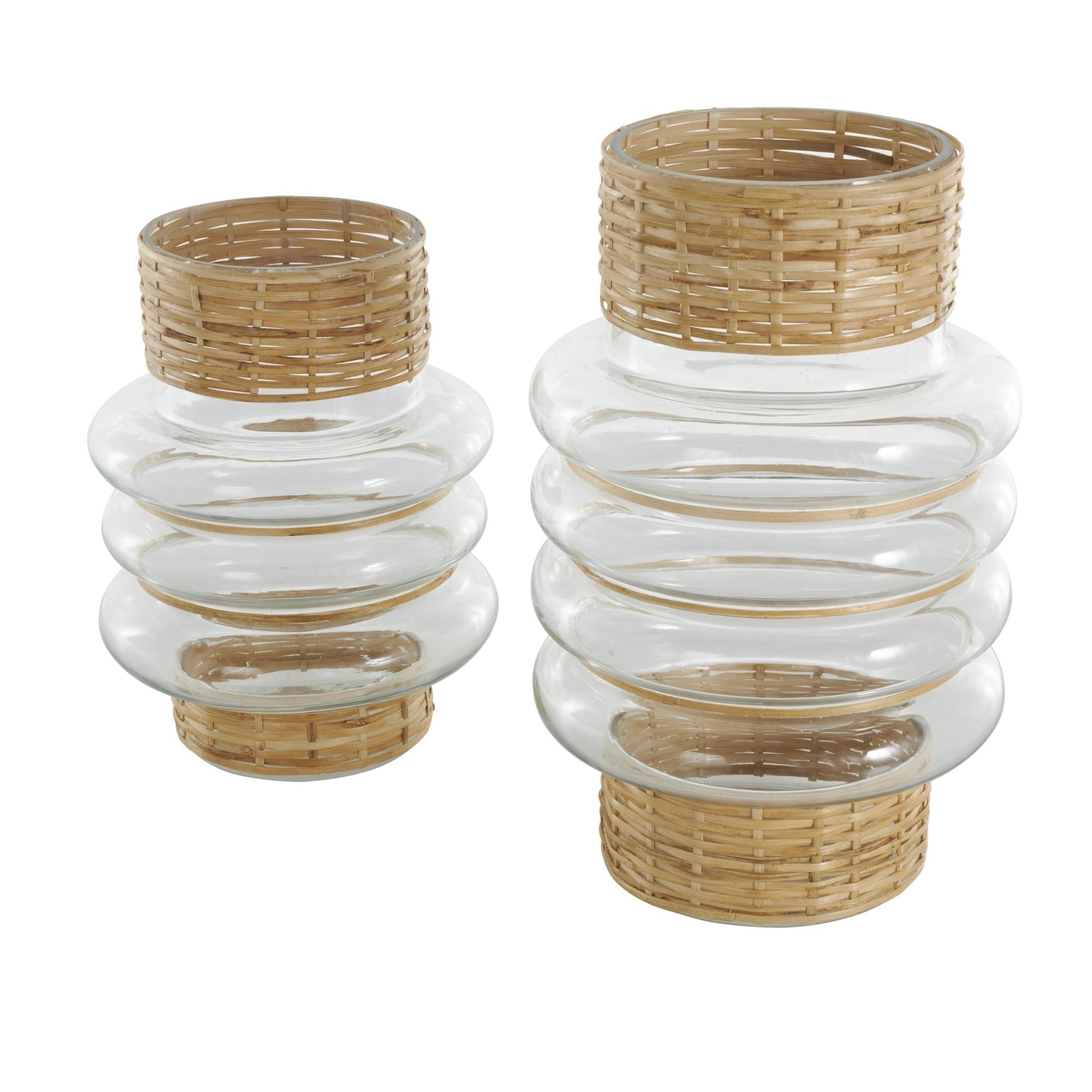 Set of 2 Clear Glass Handmade Rattan Wrapped Decorative Vase