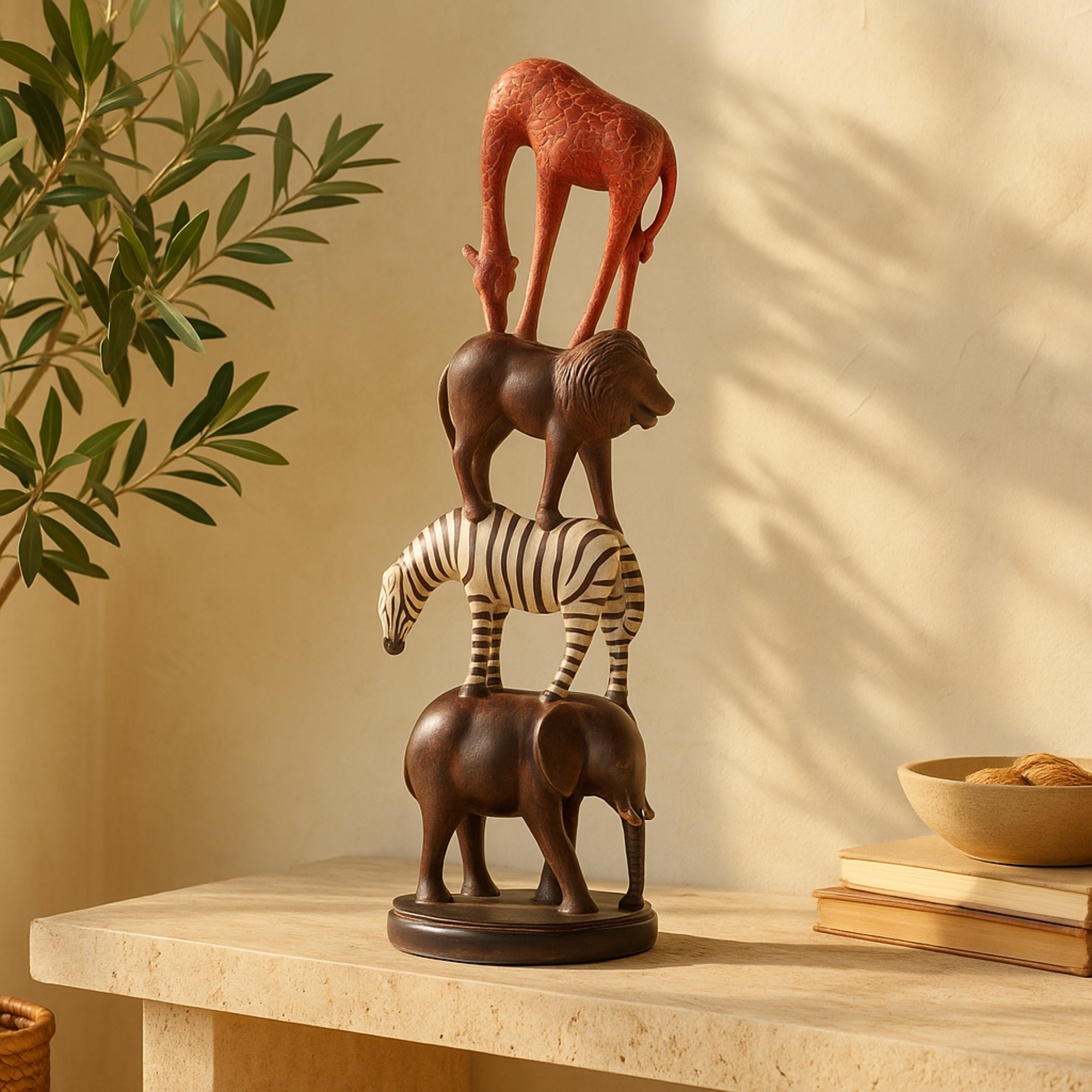 Safari Animals Black Polystone Stacked Decorative Sculpture with Round Base