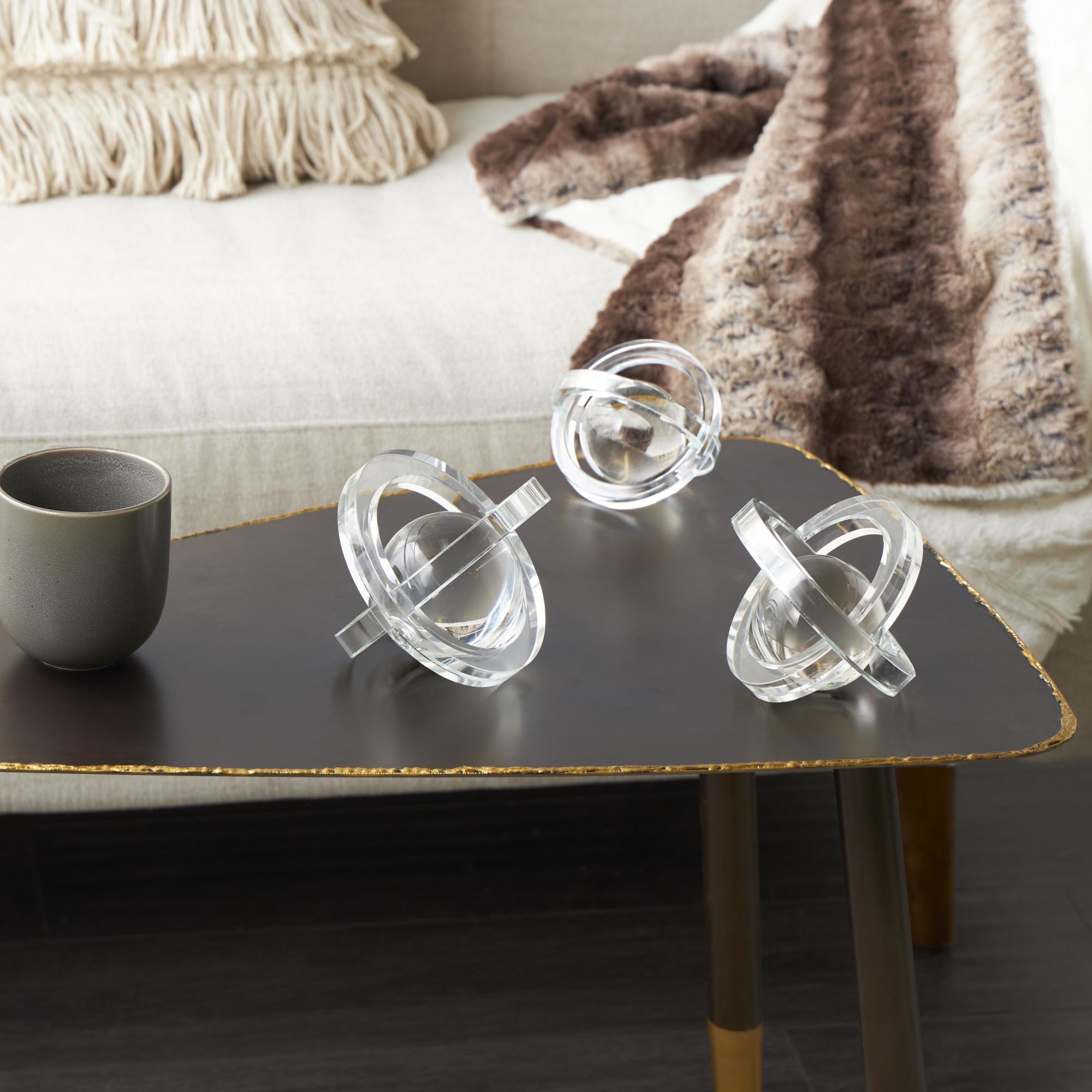Set of 3 Geometric Clear Glass Orb Decorative Sculpture with Overlapping Rings and Ball Center