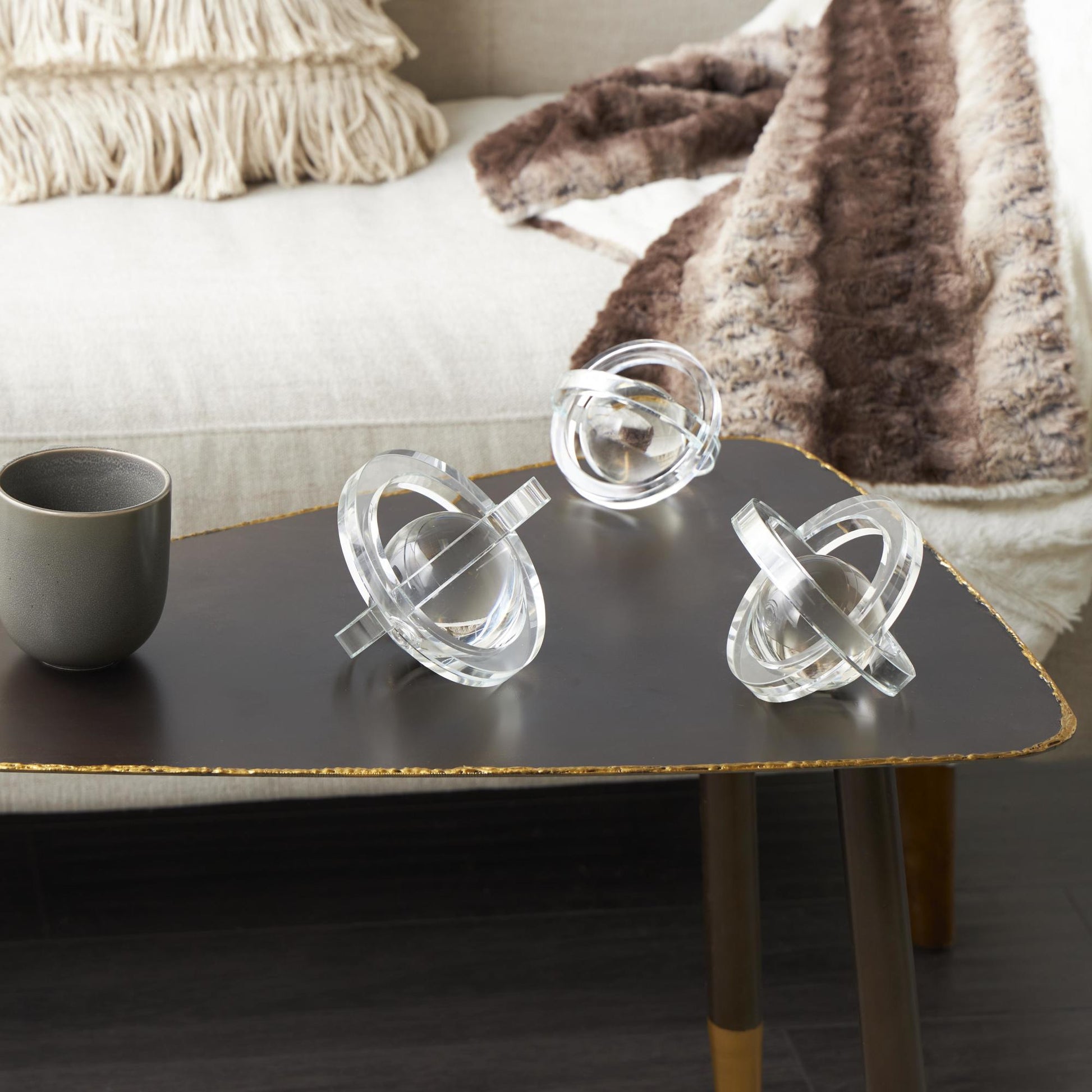 Set of 3 Geometric Clear Glass Orb Decorative Sculpture with Overlapping Rings and Ball Center