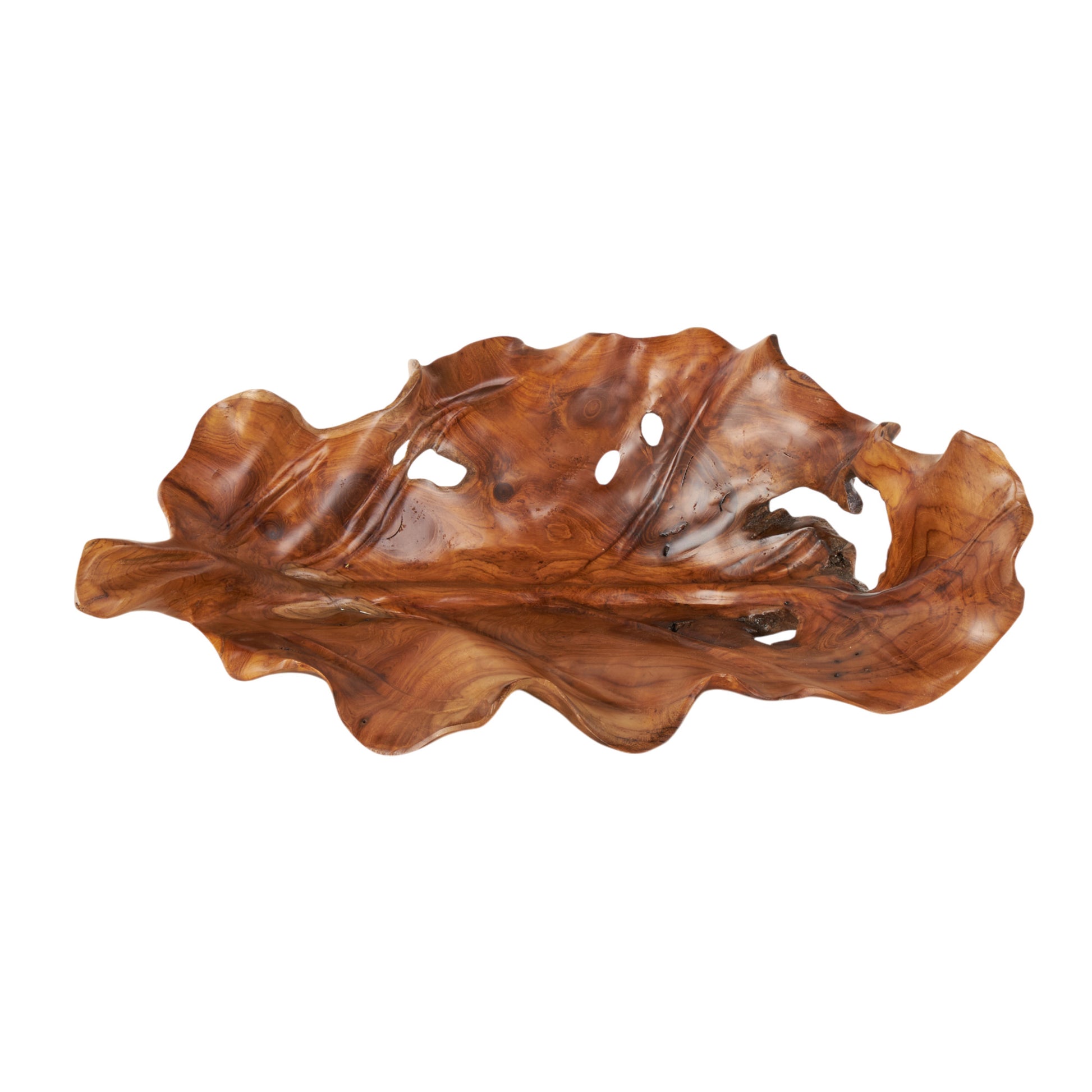 Leaf Brown Teak Wood Handmade Carved Living Room Decor Tray