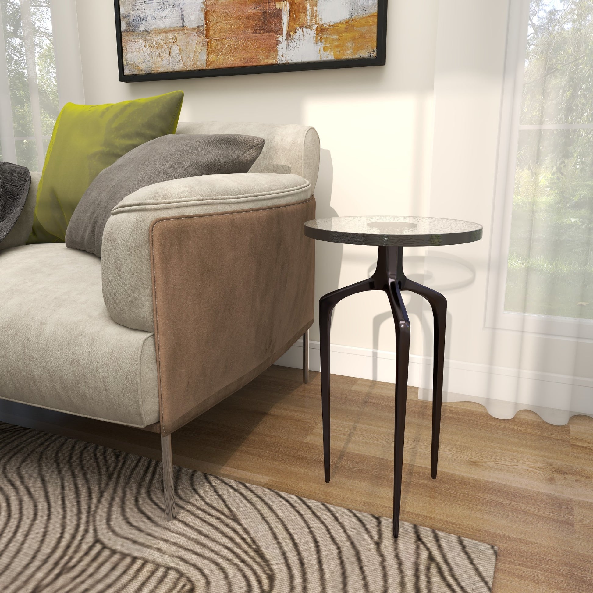 Aluminum Metal Small Tripod Side End Accent Table with Textured Glass Tabletop