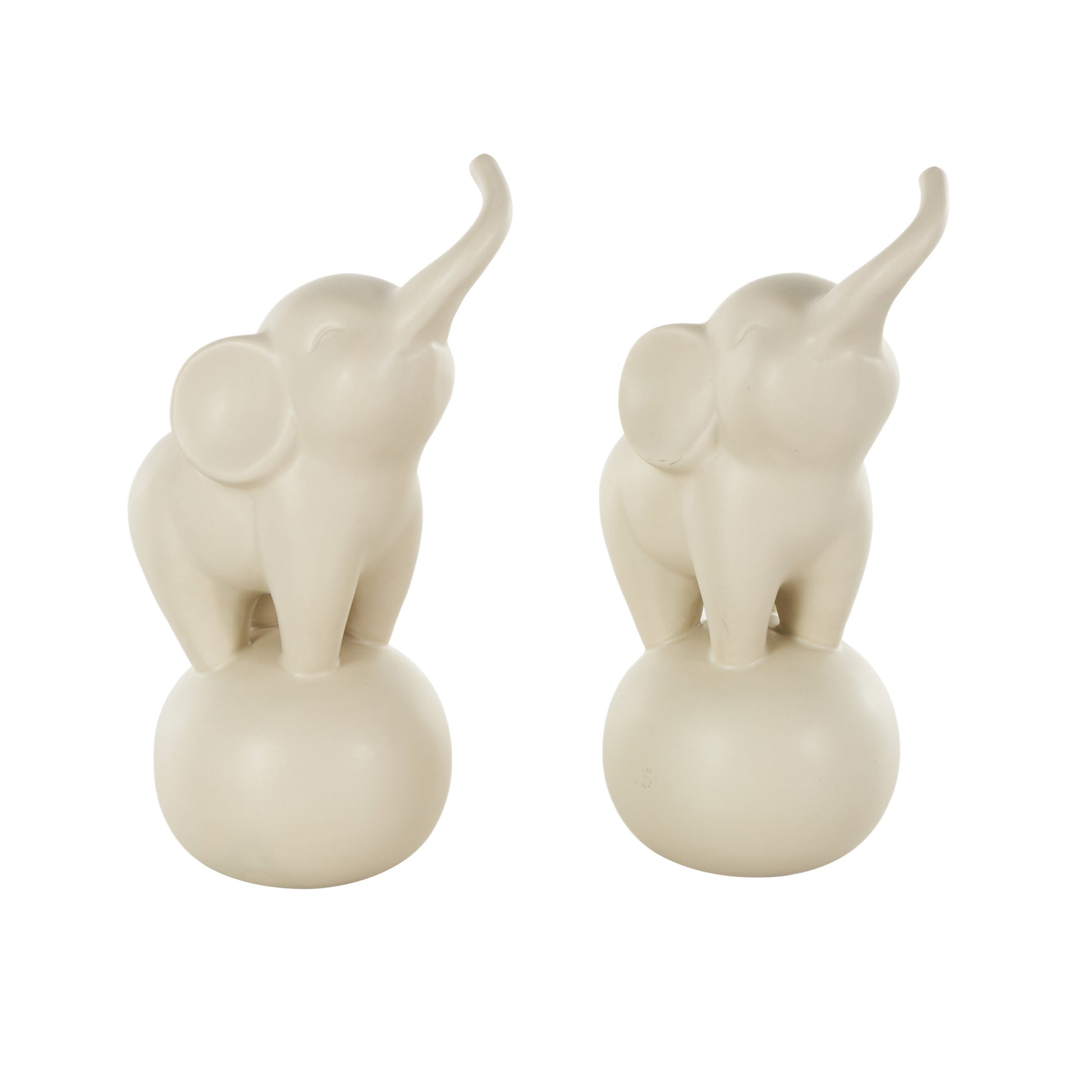 Set of 2 Elephant White Ceramic Trumpeting Decorative Sculpture with Round Base