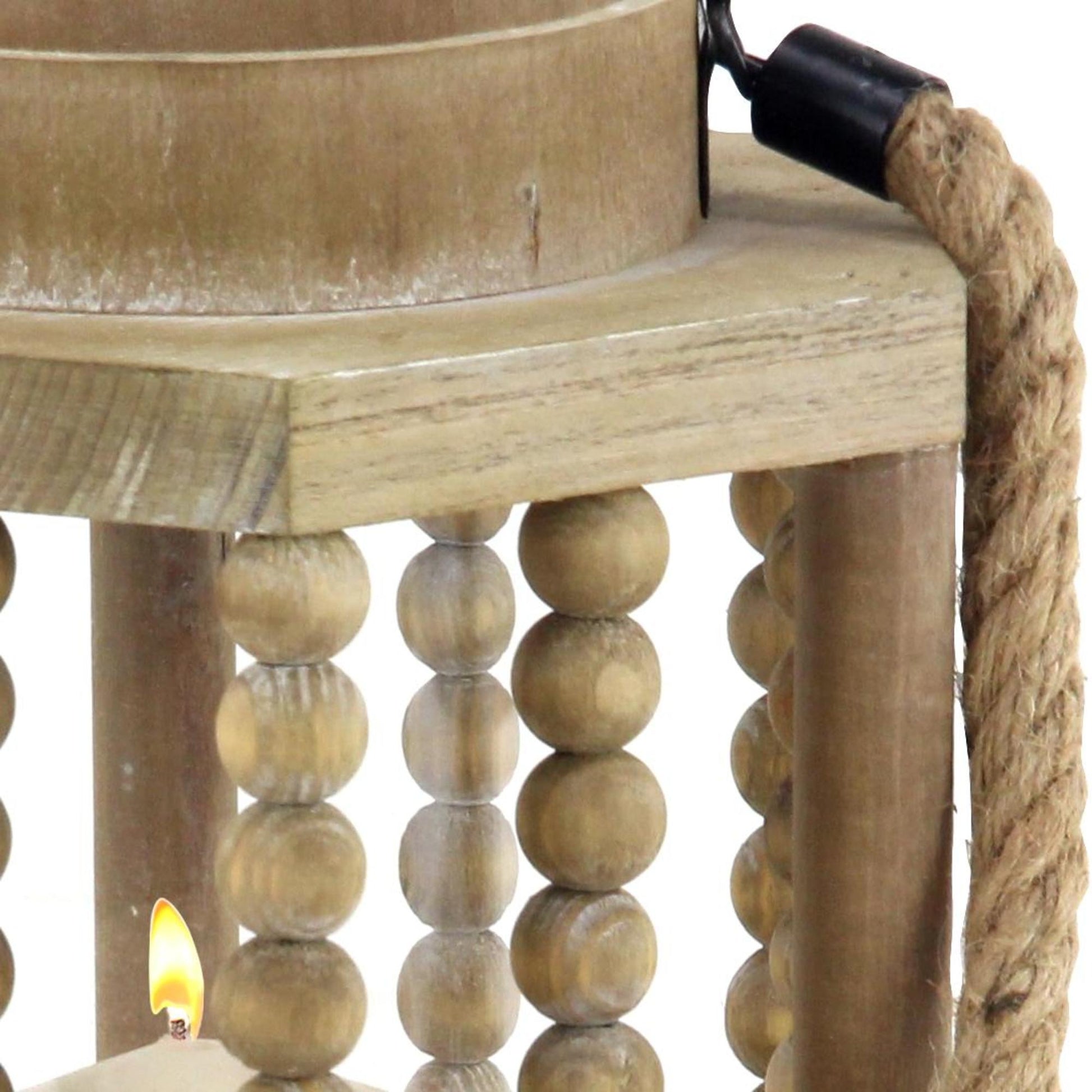 Beige Reclaimed Wood Beaded Decorative Indoor Outdoor Candle Lantern