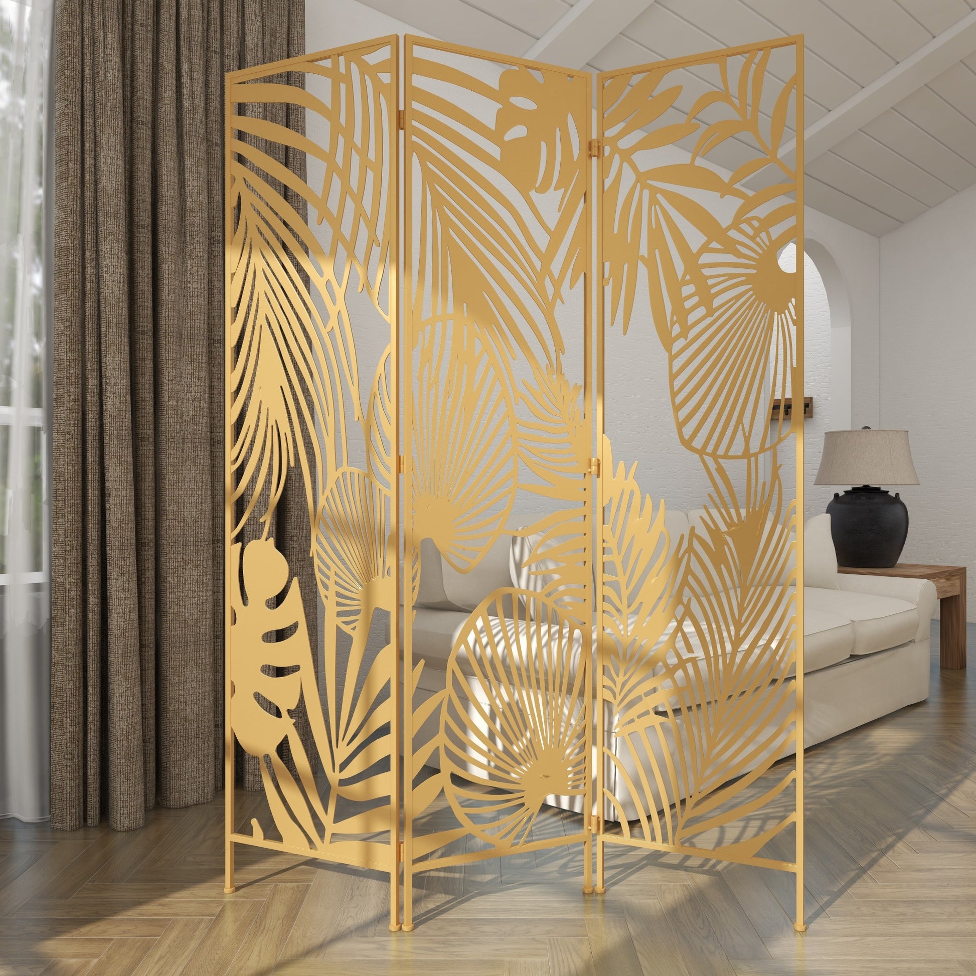 Leaf Gold Metal Foldable Partition Cutout Palm Leaf 3 Panel Partition Room Divider Screen
