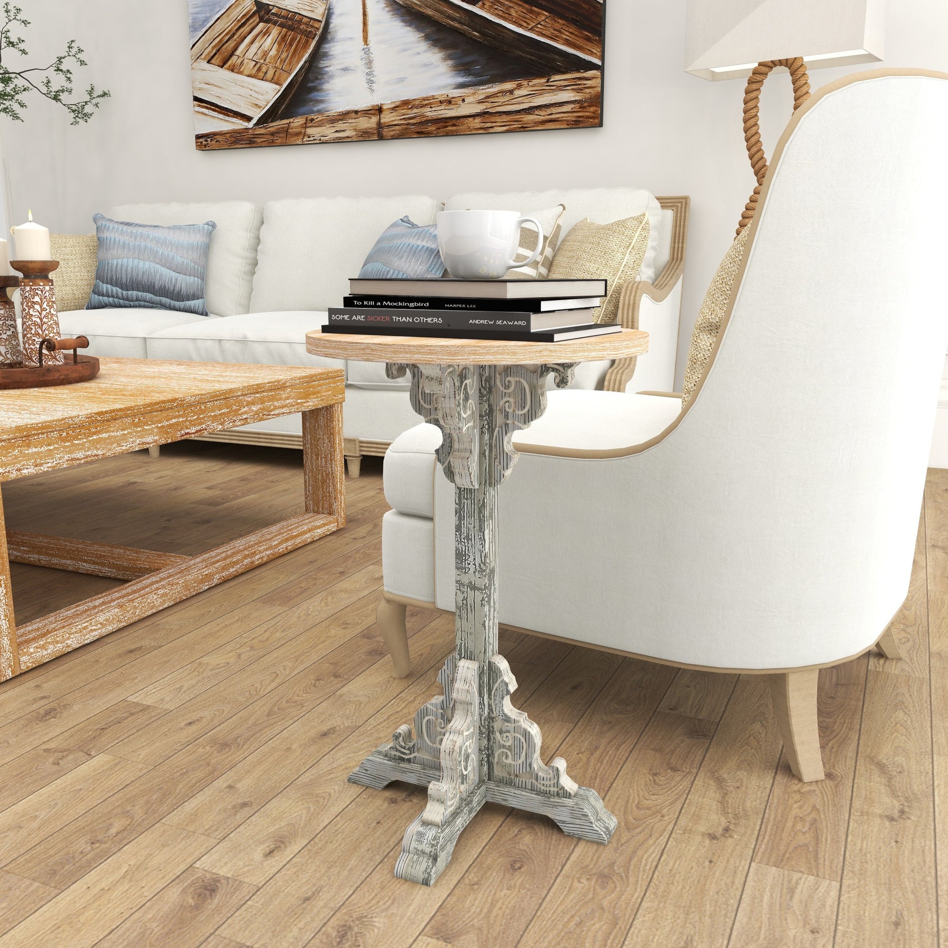 Scroll Wood Distressed Pedestal Side End Accent Table with Brown Wood Top 16" x 16" x 23"