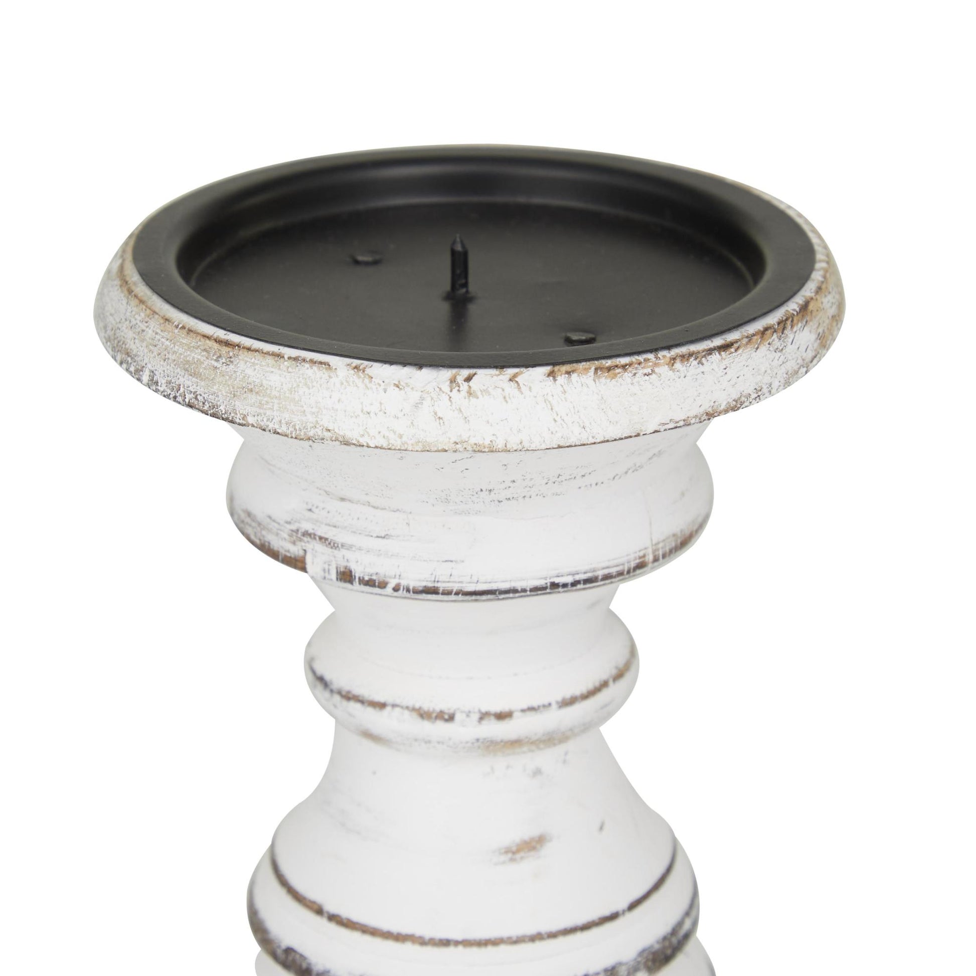 Set of 3 Mango Wood Distressed Turned Pillar Decorative Candle Holder