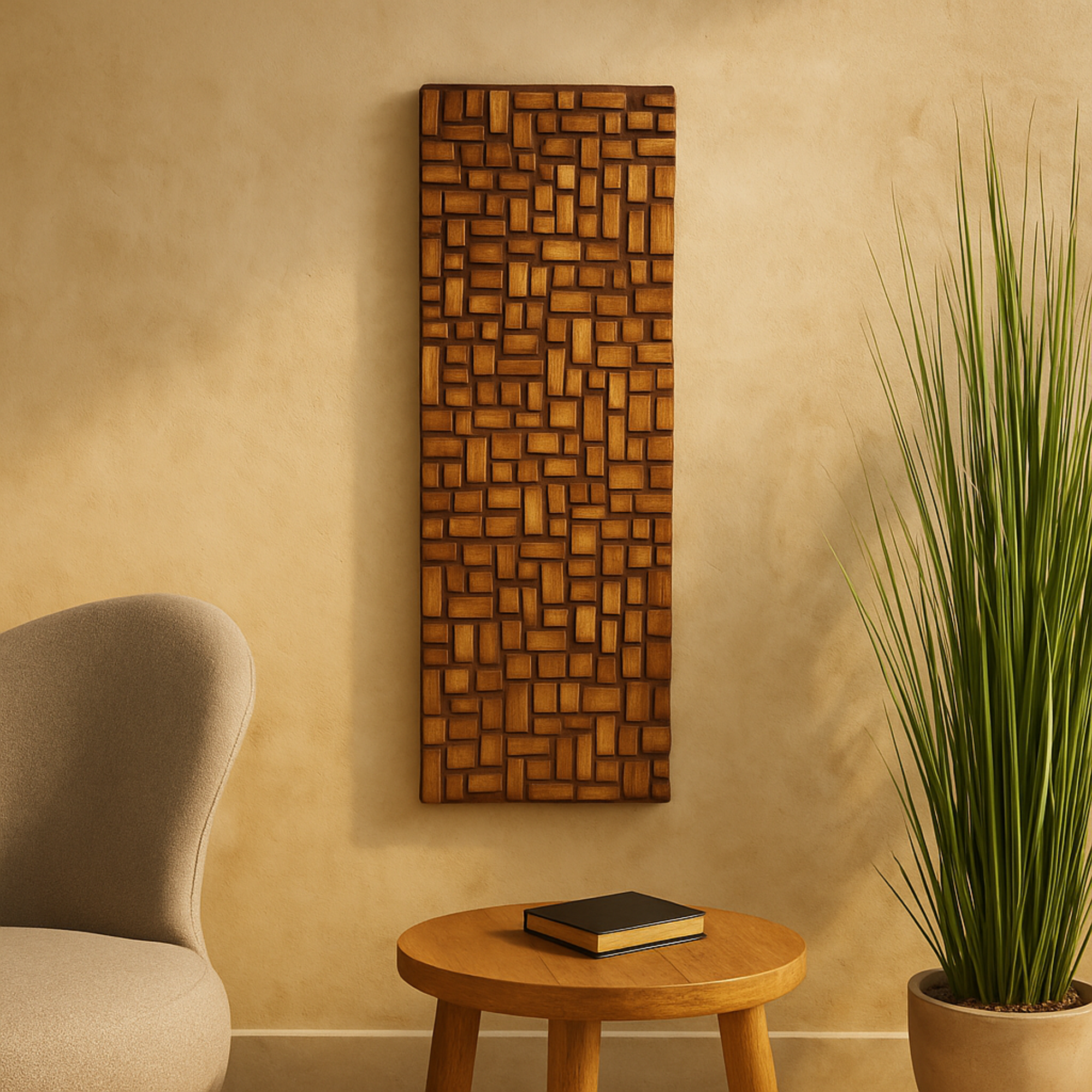 Abstract Brown Mango Wood Handmade Geometric Block Home Wall Decor