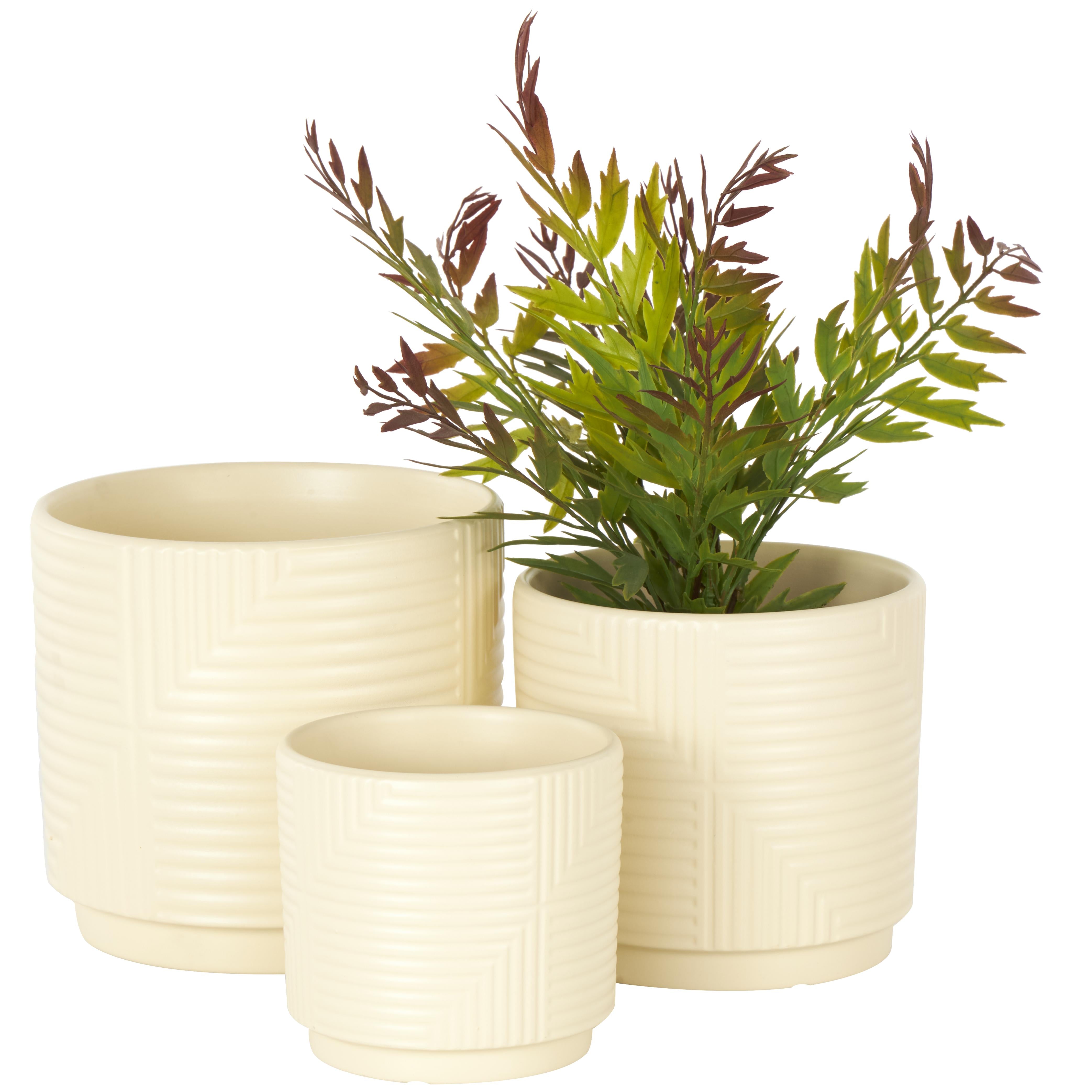 Set of 3 Geometric Ceramic Indoor Outdoor Planter with Layered Square Shaped Grooves