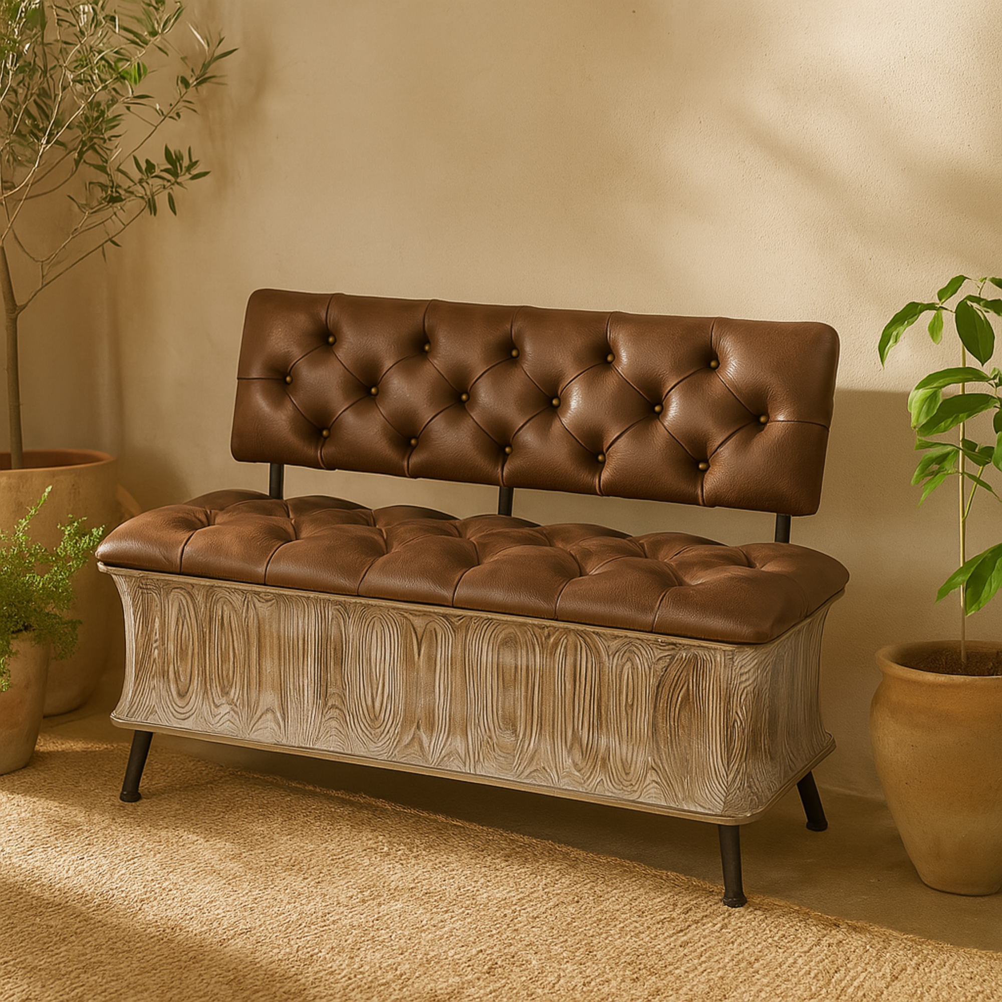 Brown Wood Room Storage Bench with Tufted Faux Leather Seat and Back