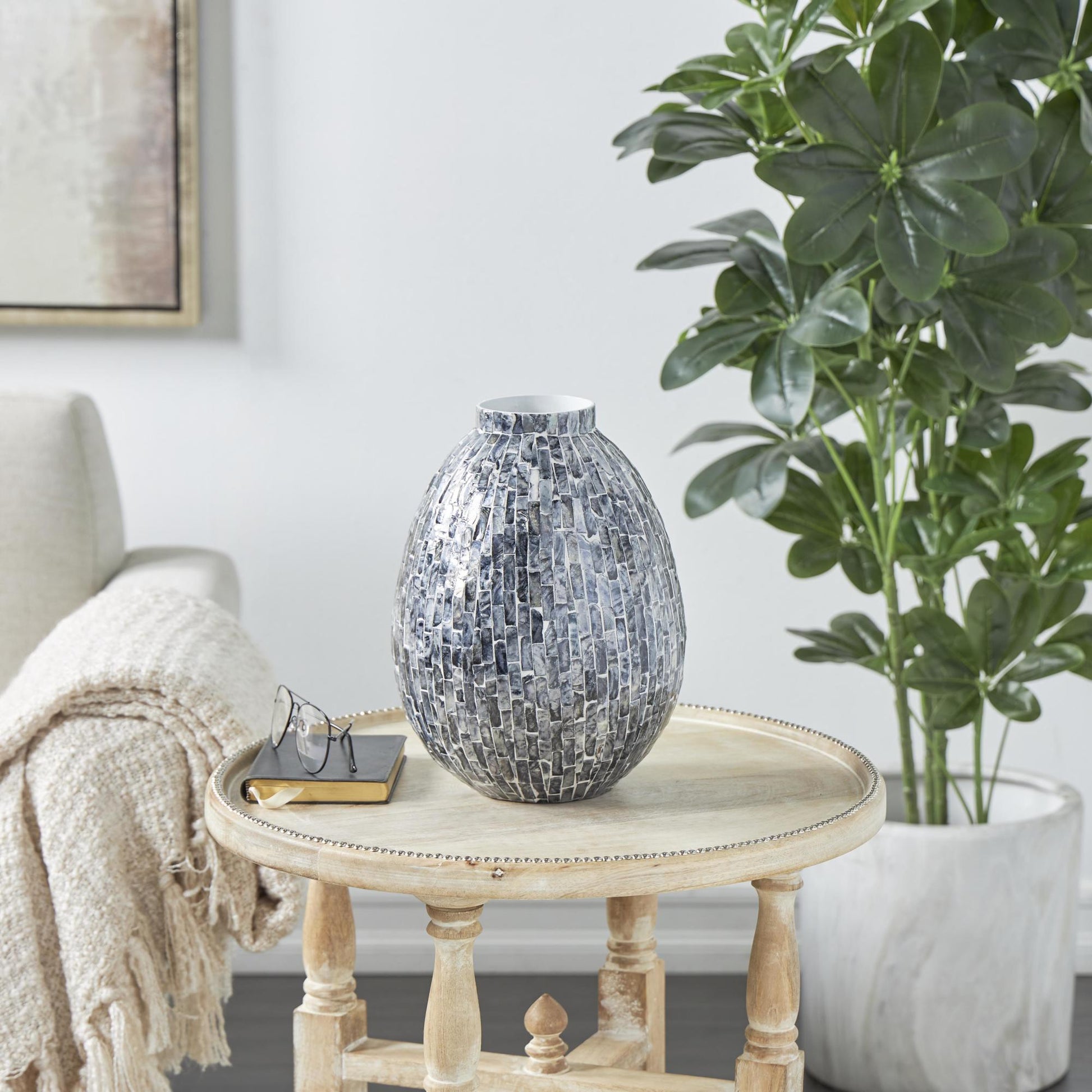 Gray Mother of Pearl Shell Handmade Mosaic Inspired Decorative Vase