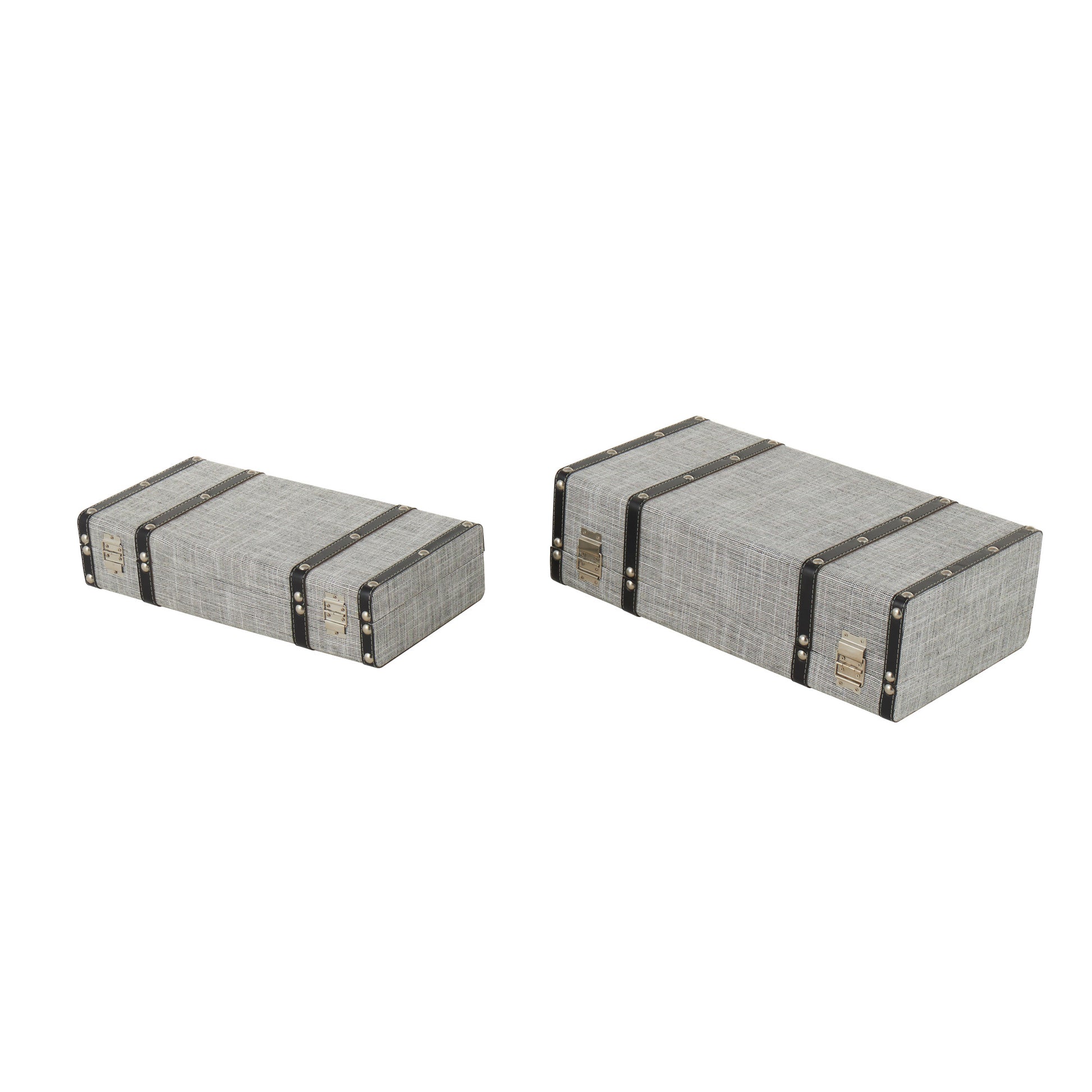 Set of 2 Gray Fabric Woven Storage Decorative Trunk with Silver Latches and Buckles