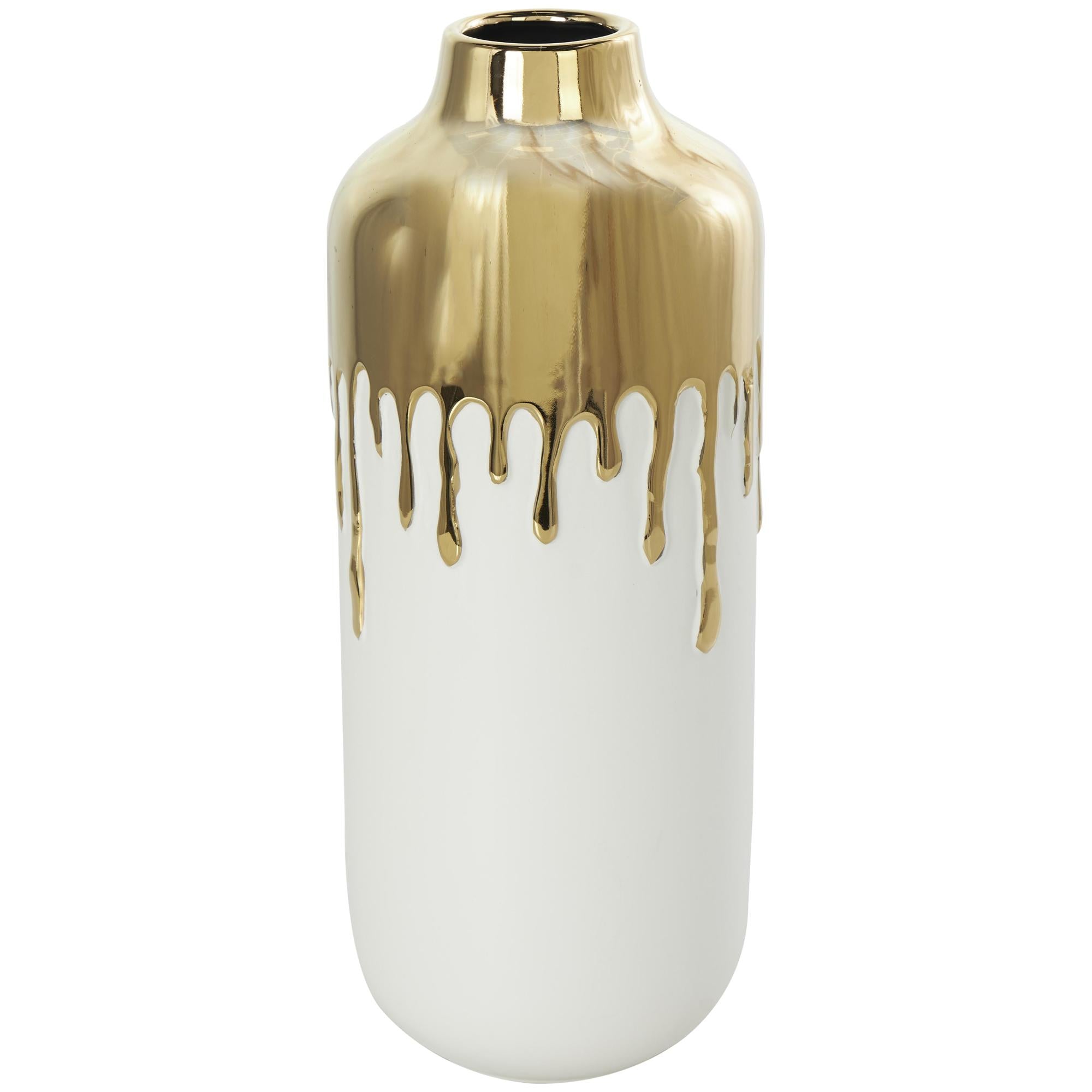 CosmoLiving by Cosmopolitan Abstract White Ceramic Decorative Vase with Abstract Gold Melting Drips