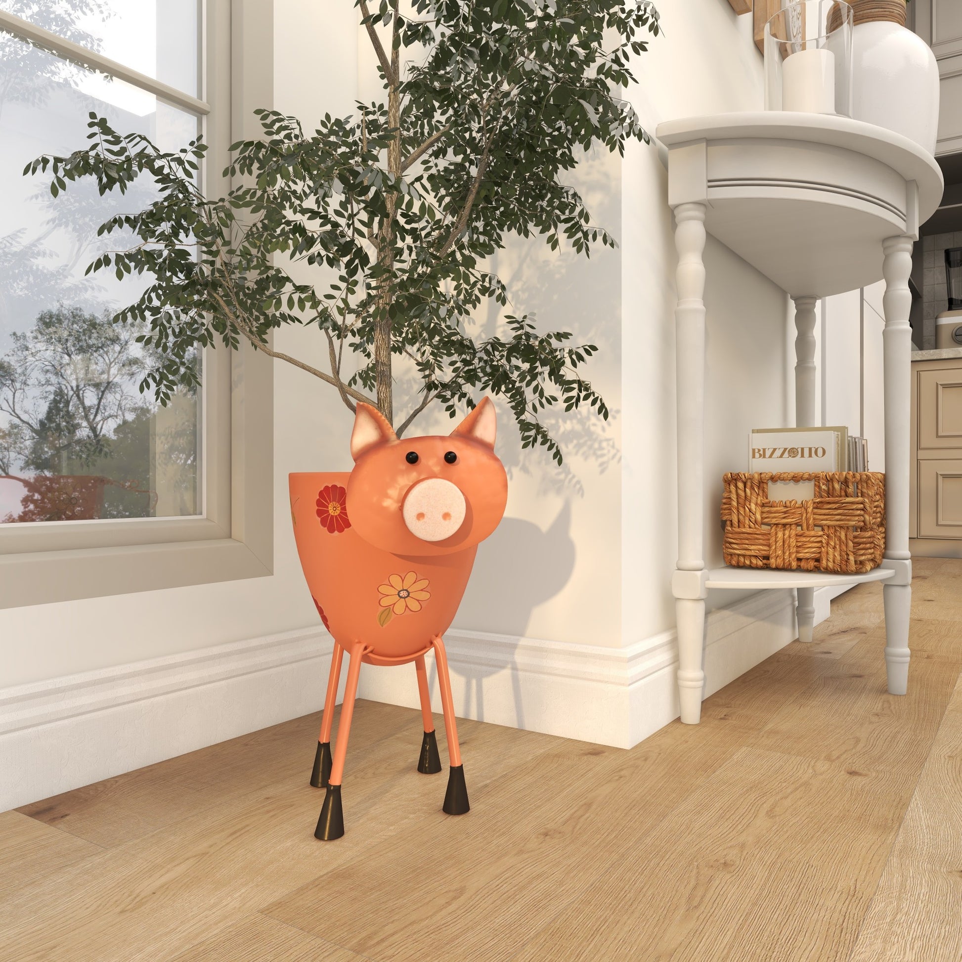 Pig Pink Metal Indoor Outdoor Planter with Floral Accents