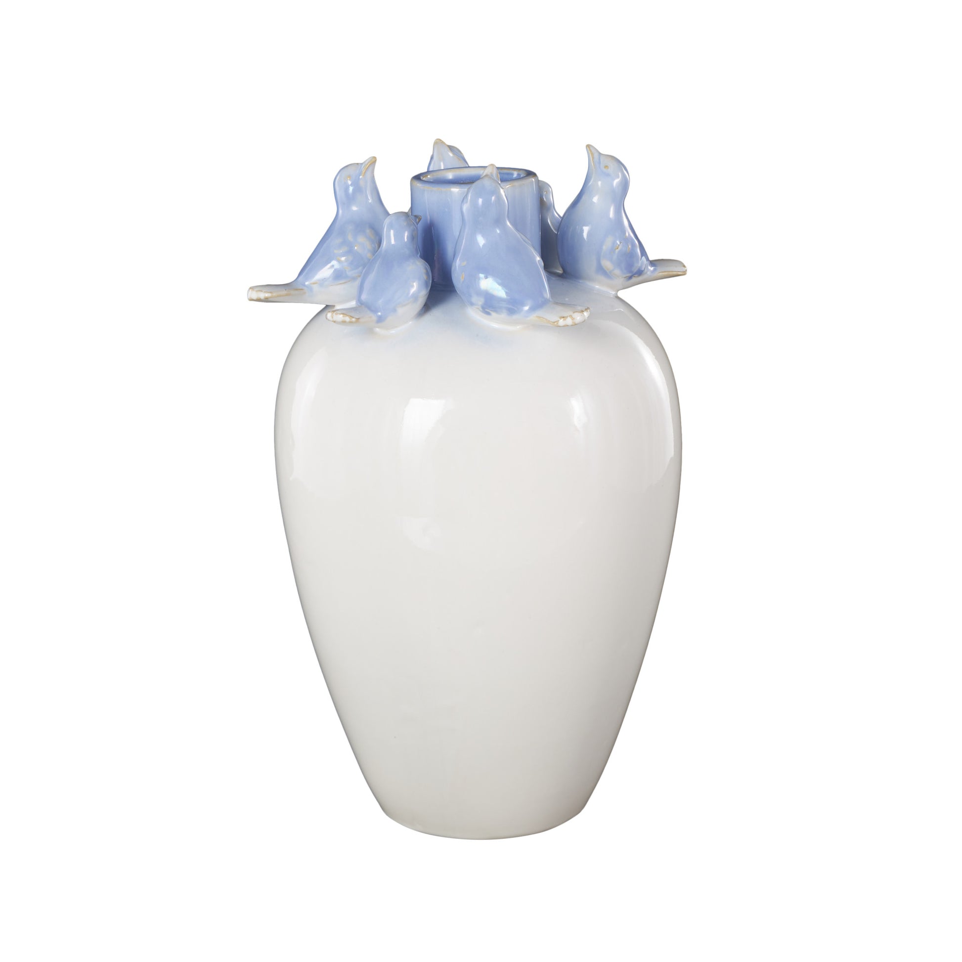Bird White Ceramic Decorative Vase with Blue Accents