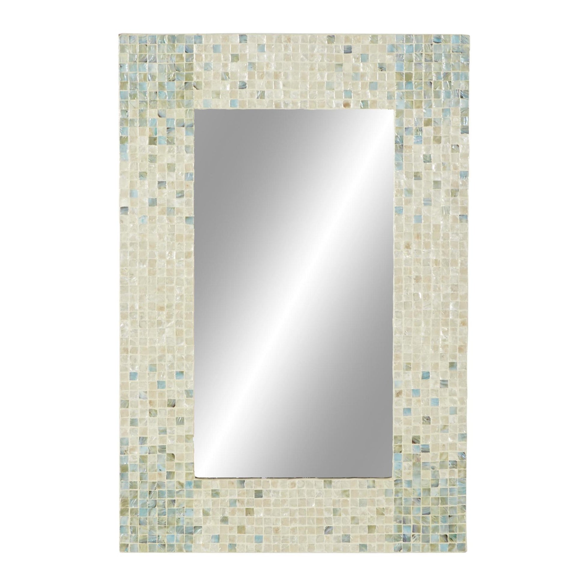 Cream Mother of Pearl Shell Handmade Mosaic Room Wall Mirror with Blue Corners