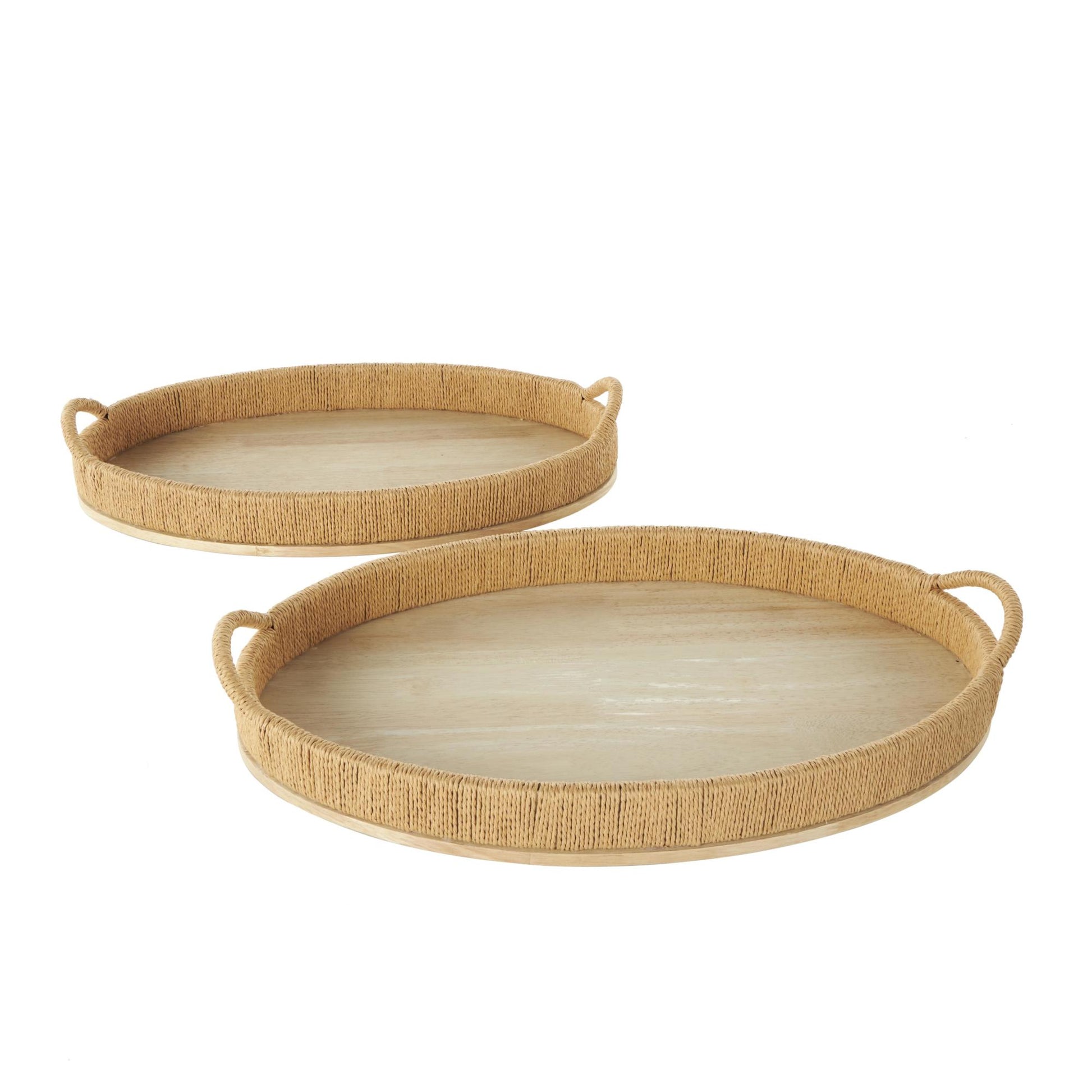 Set of 2 Brown Wood Handmade Living Room Decor Tray with Wood Base