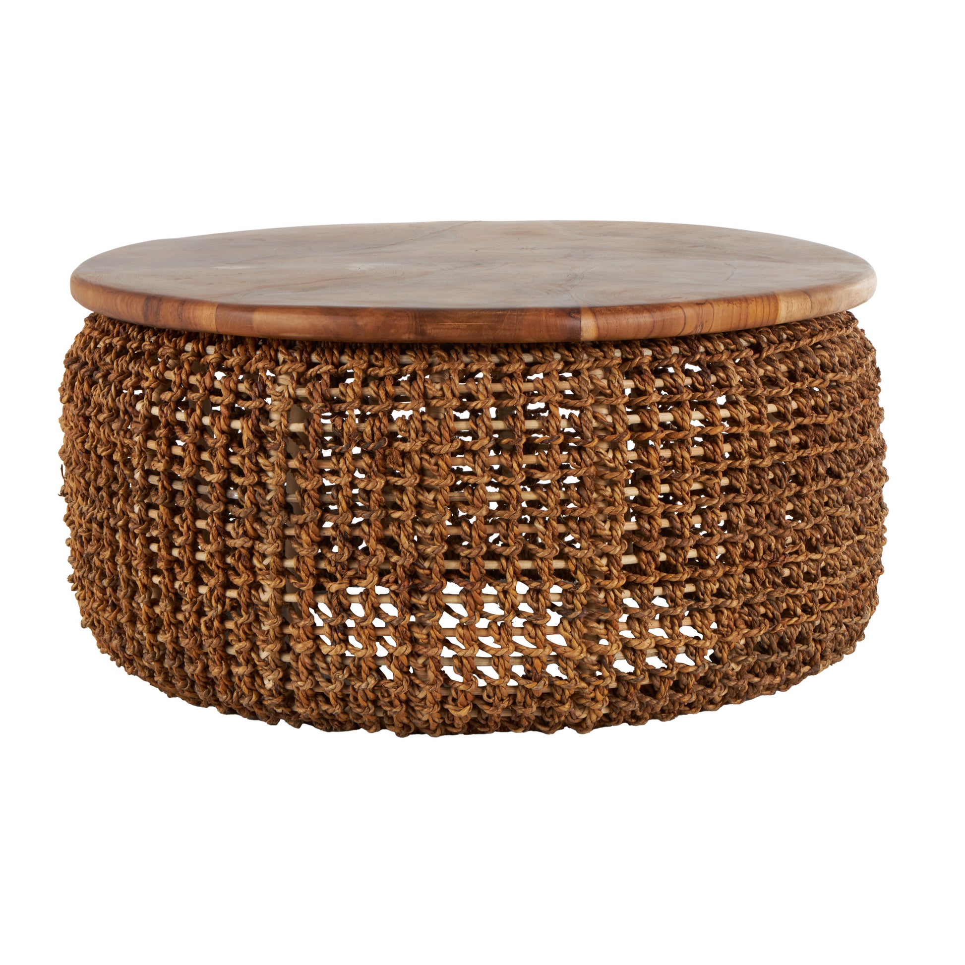 Brown Rattan Woven Living Room Coffee Table with Teak Tabletop