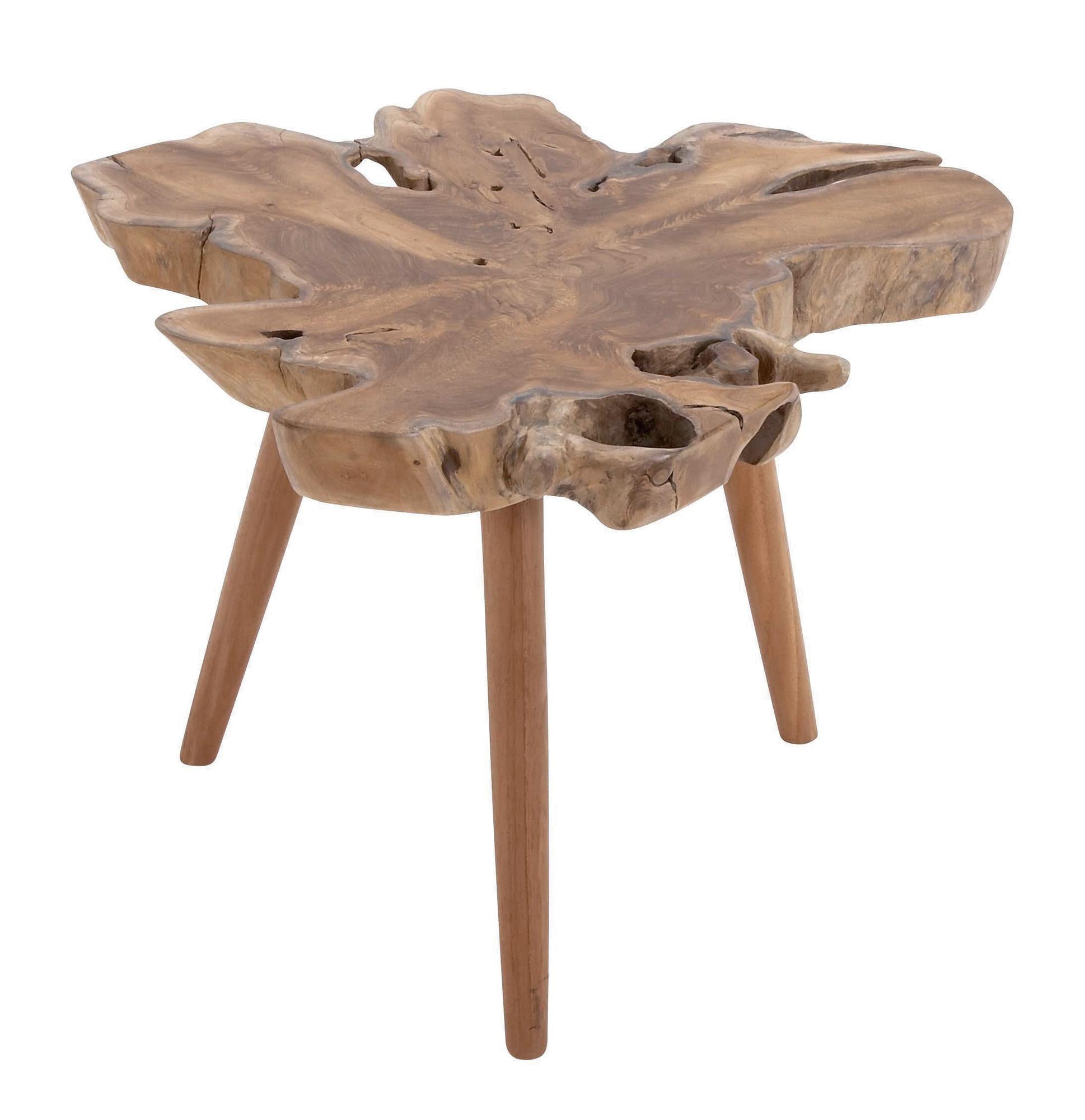 Brown Teak Wood Handmade Live Edge Side End Accent Table with Tripod Legs
